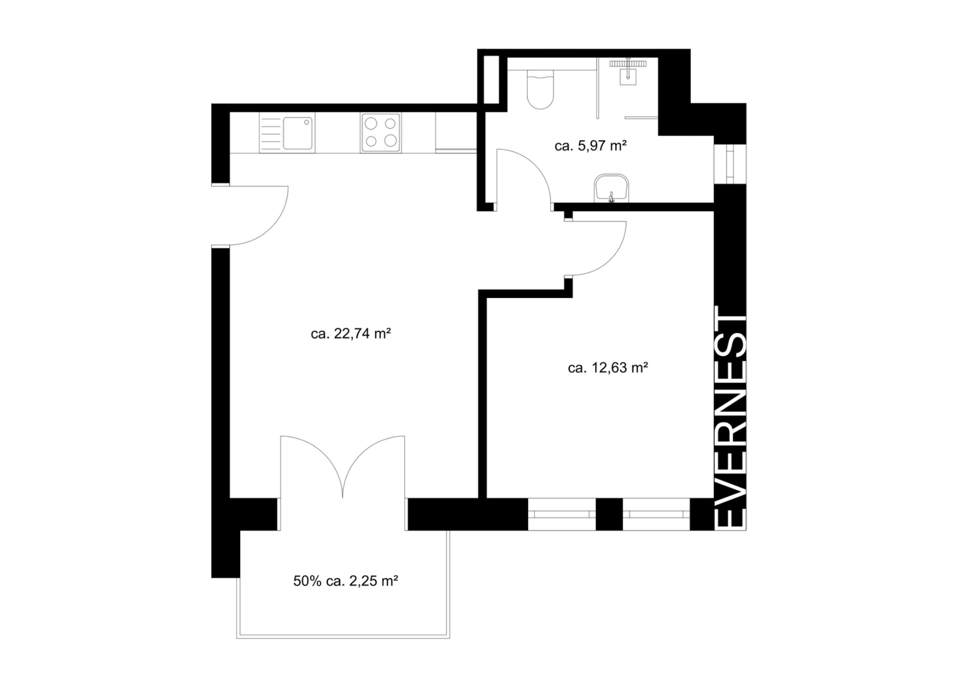 Grundriss einer Wohnung mit Küche, Bad, zwei Zimmern und Balkon.