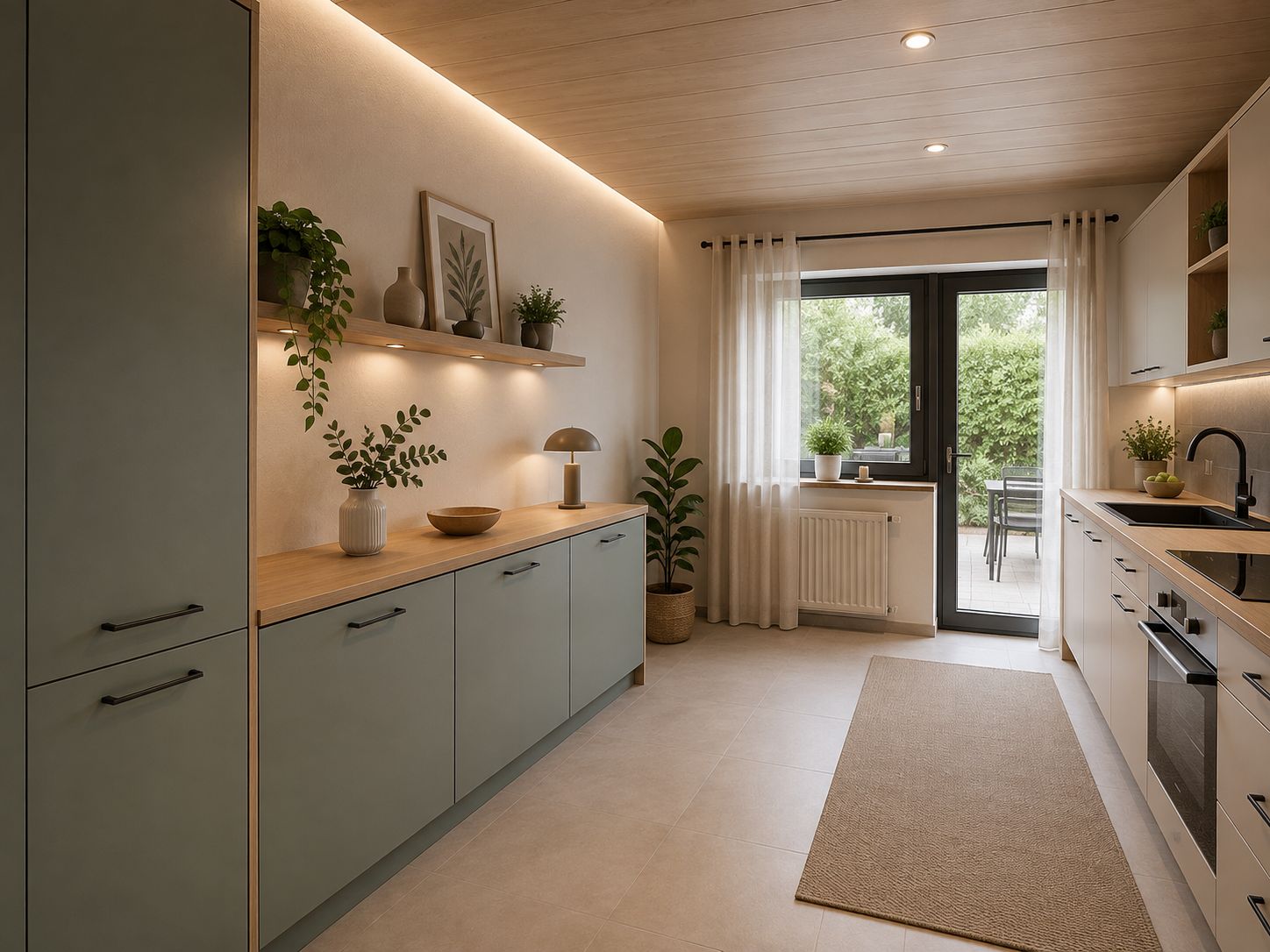 Moderne helle Küche mit Pflanzen, Holzelementen und Glastür zum Garten.