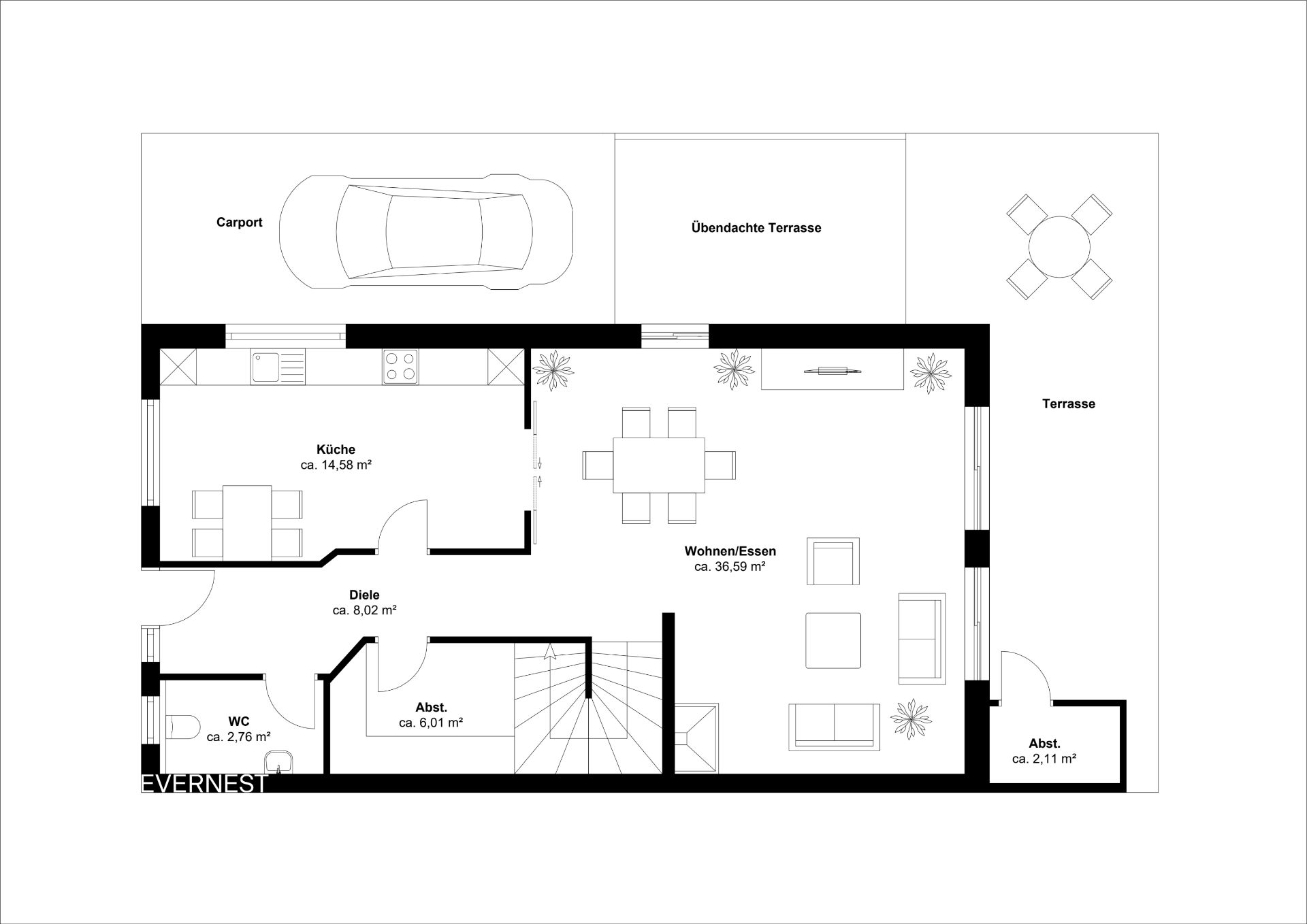 Grundriss mit Küche, Wohnzimmer, WC, Flur, zwei Abstellräumen, Carport und Terrasse.