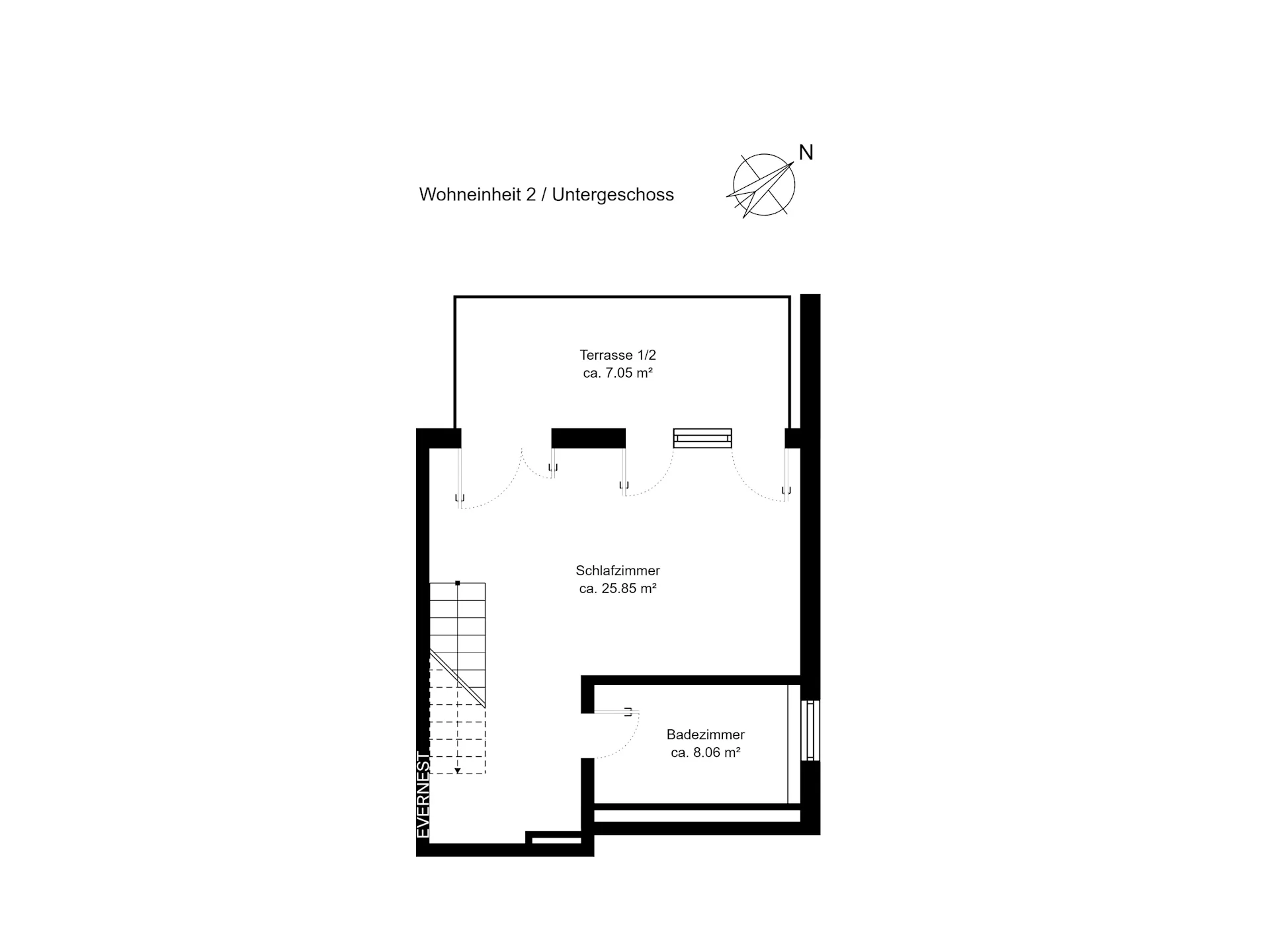 Grundriss eines Untergeschosses mit Schlafzimmer, Bad und Terrasse.