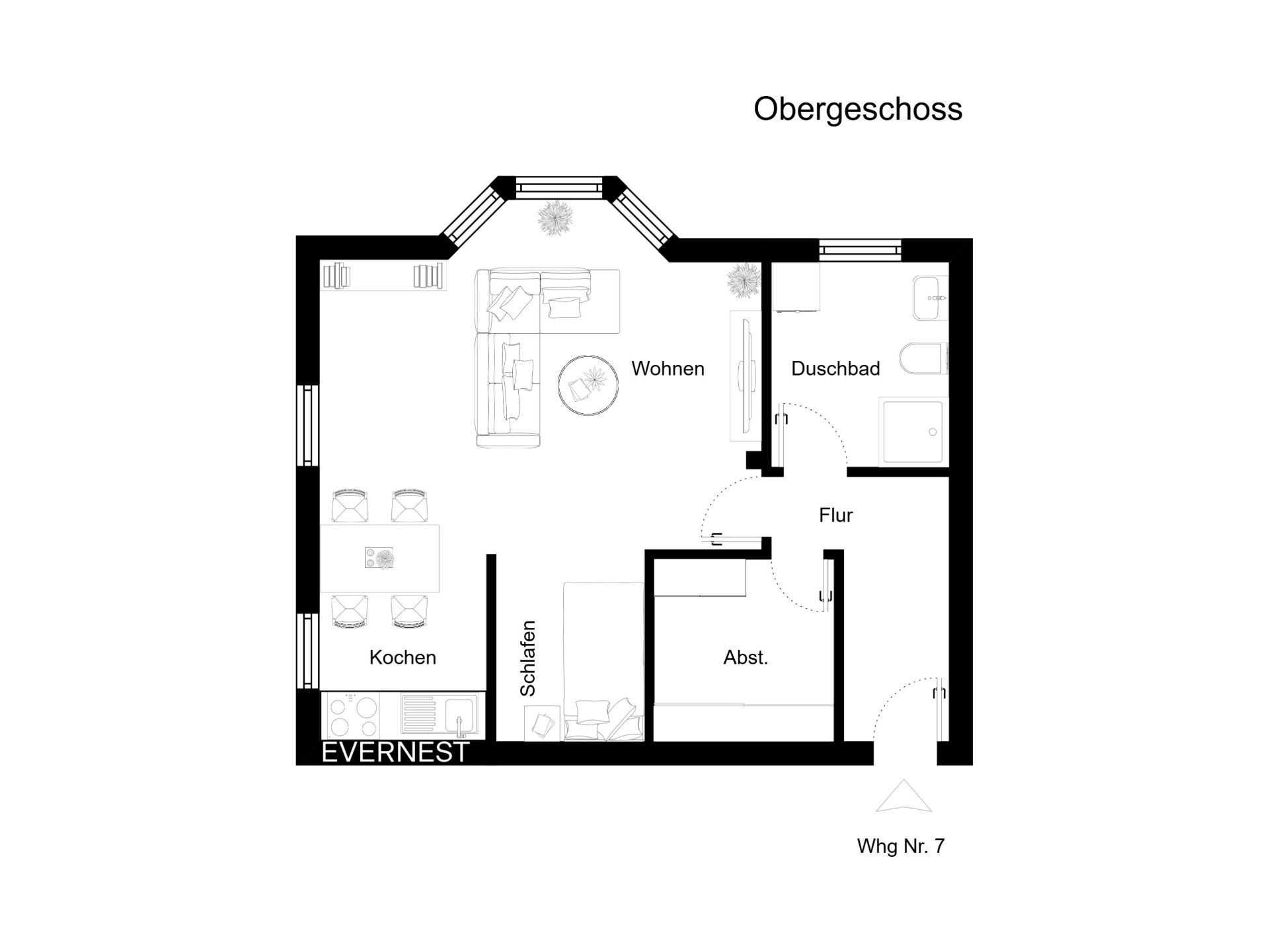Grundriss einer Wohnung mit Wohn-, Schlaf-, Kochbereich, Duschbad, Flur und Abstellraum.