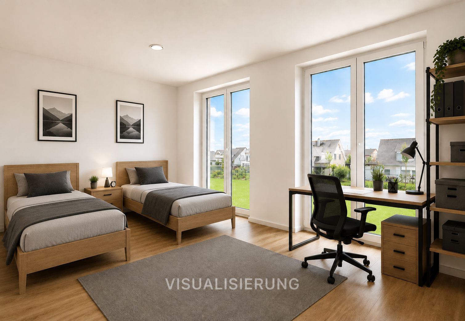 Helles Schlafzimmer mit zwei Einzelbetten, Schreibtisch am Fenster und Regal mit Ordnern.