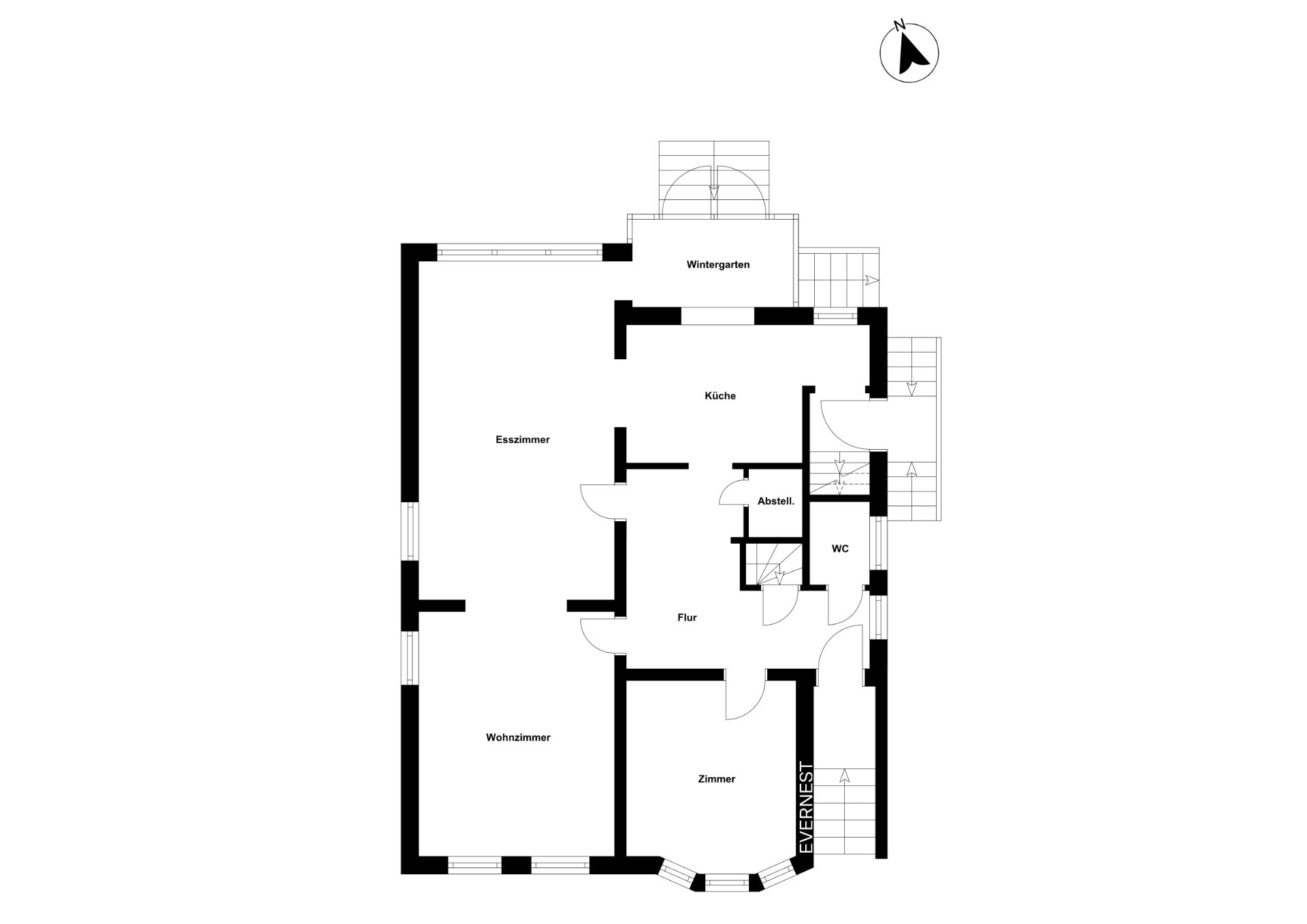 Grundriss einer Wohnung mit Wohnzimmer, Esszimmer, Küche, Wintergarten, Zimmer, WC und Abstellraum.