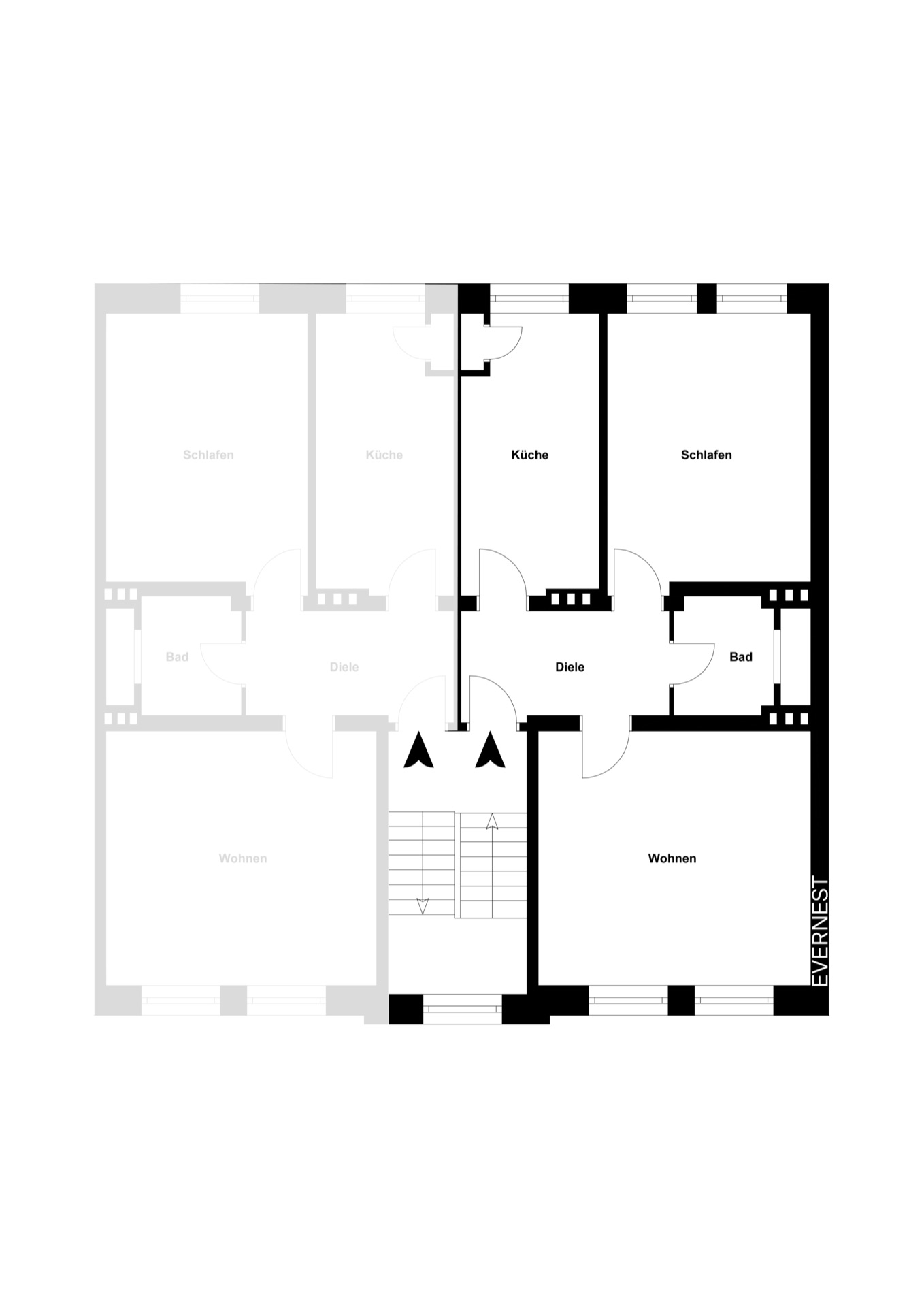Grundriss einer Wohnung mit Küche, Schlafzimmer, Wohnzimmer, Bad und Diele.