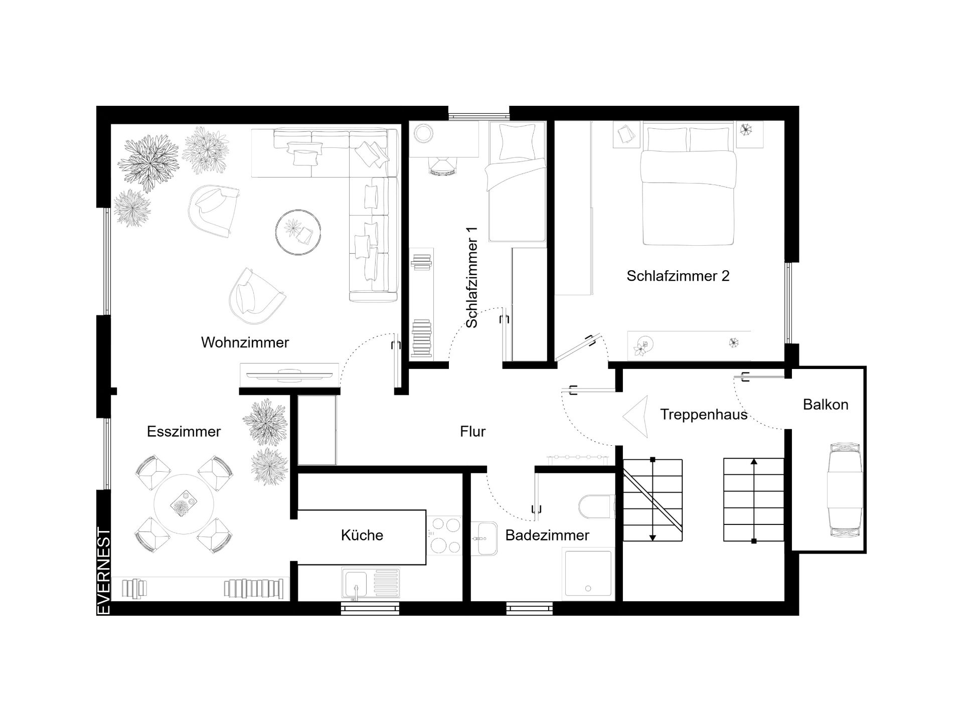 Grundriss einer Wohnung mit Wohnzimmer, Esszimmer, Küche, zwei Schlafzimmern, Bad und Balkon.