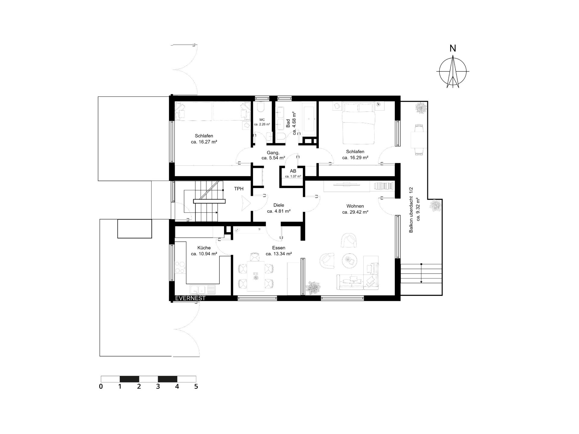 Grundriss einer Wohnung mit zwei Schlafzimmern, Wohnzimmer, Küche, Essbereich und Balkon.