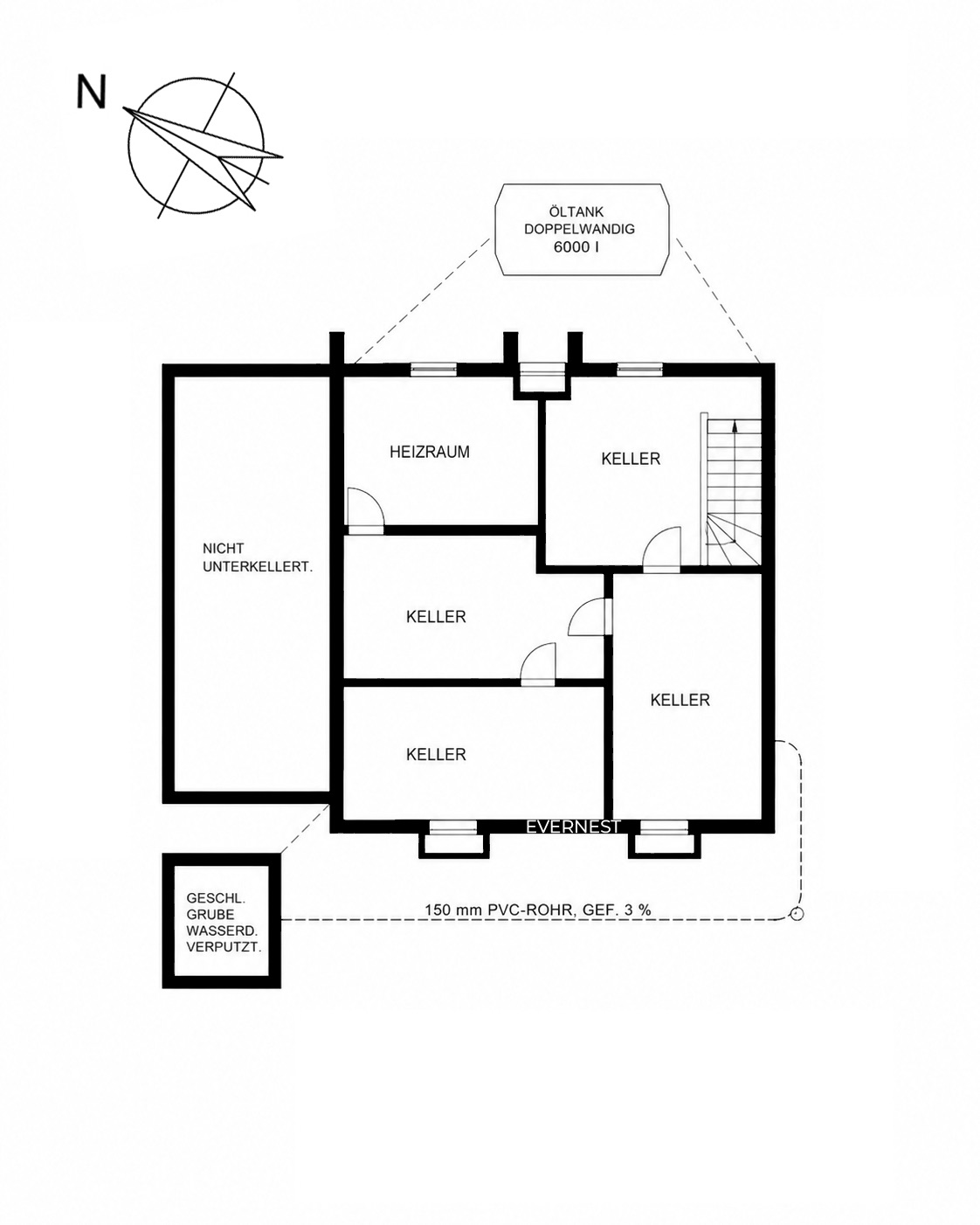 Grundriss eines Kellers mit Heizraum, mehreren Kellerräumen und Treppe.