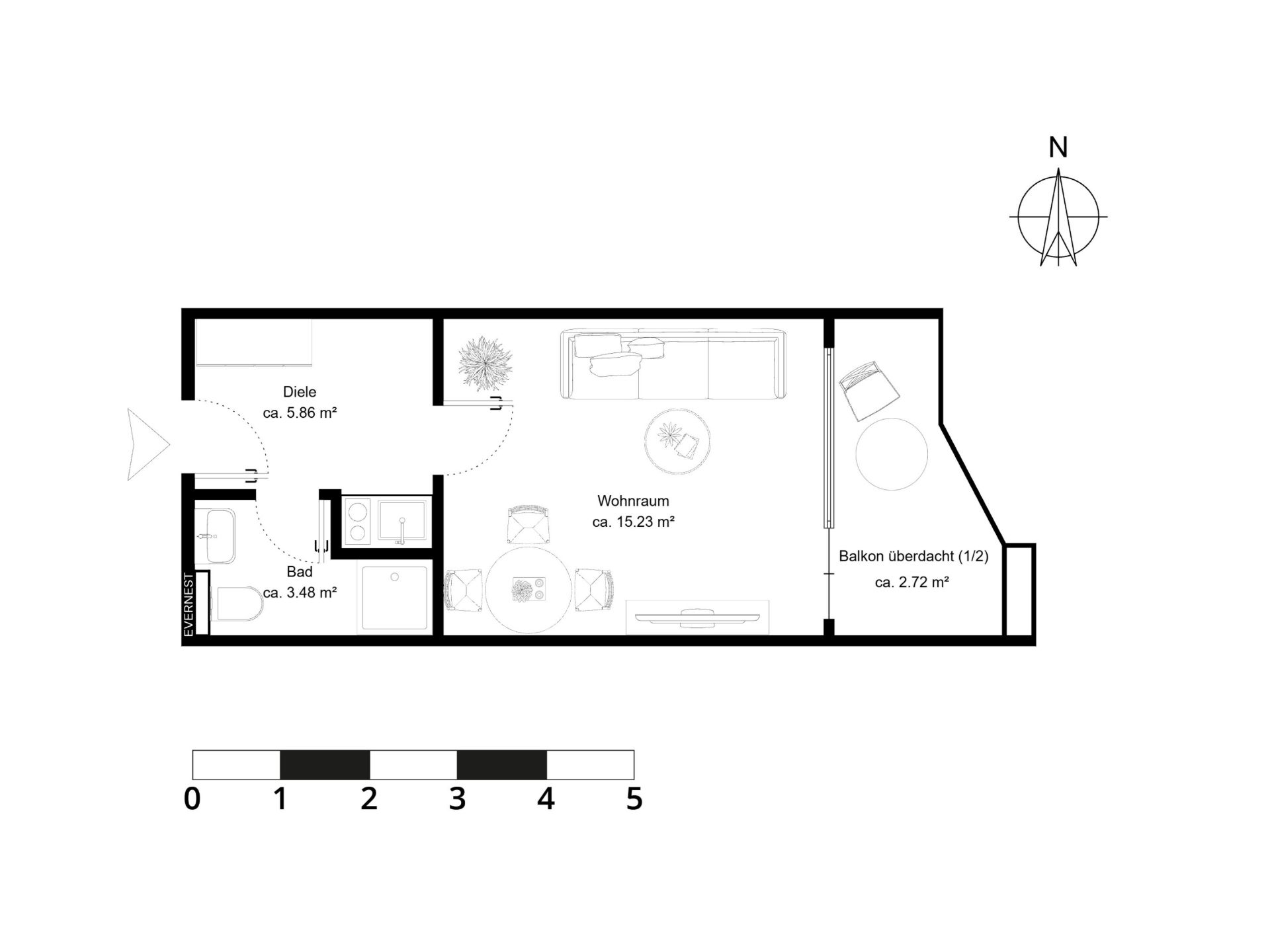 Grundriss einer Wohnung mit Wohnraum, Diele, Bad und überdachtem Balkon.