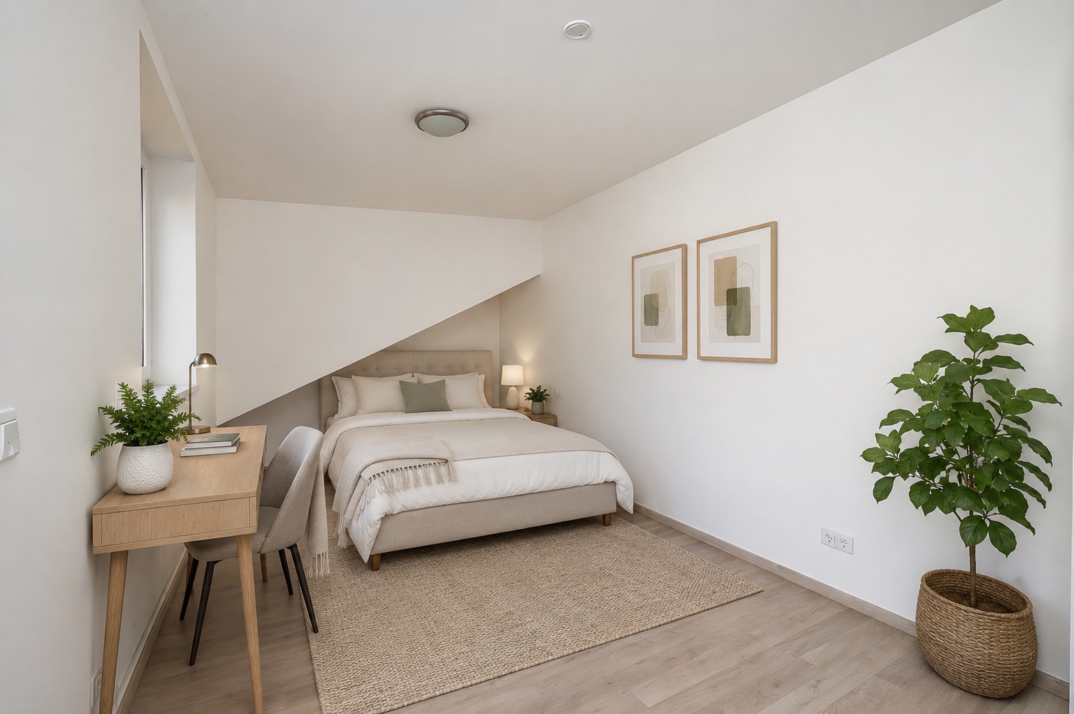 Helles Schlafzimmer mit Doppelbett, Schreibtisch, Stuhl, Pflanze und zwei Bildern an der Wand.