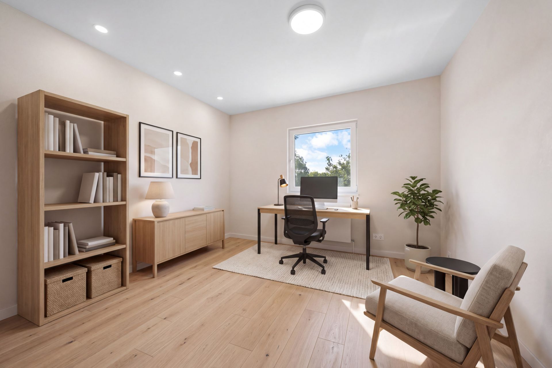 Modernes, helles Arbeitszimmer mit Schreibtisch, Regal, Sessel und Dekopflanze.