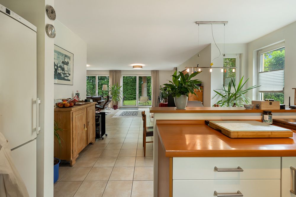 Helle offene Küche mit Pflanzen und Blick ins Wohnzimmer mit großen Fenstern zum Garten.