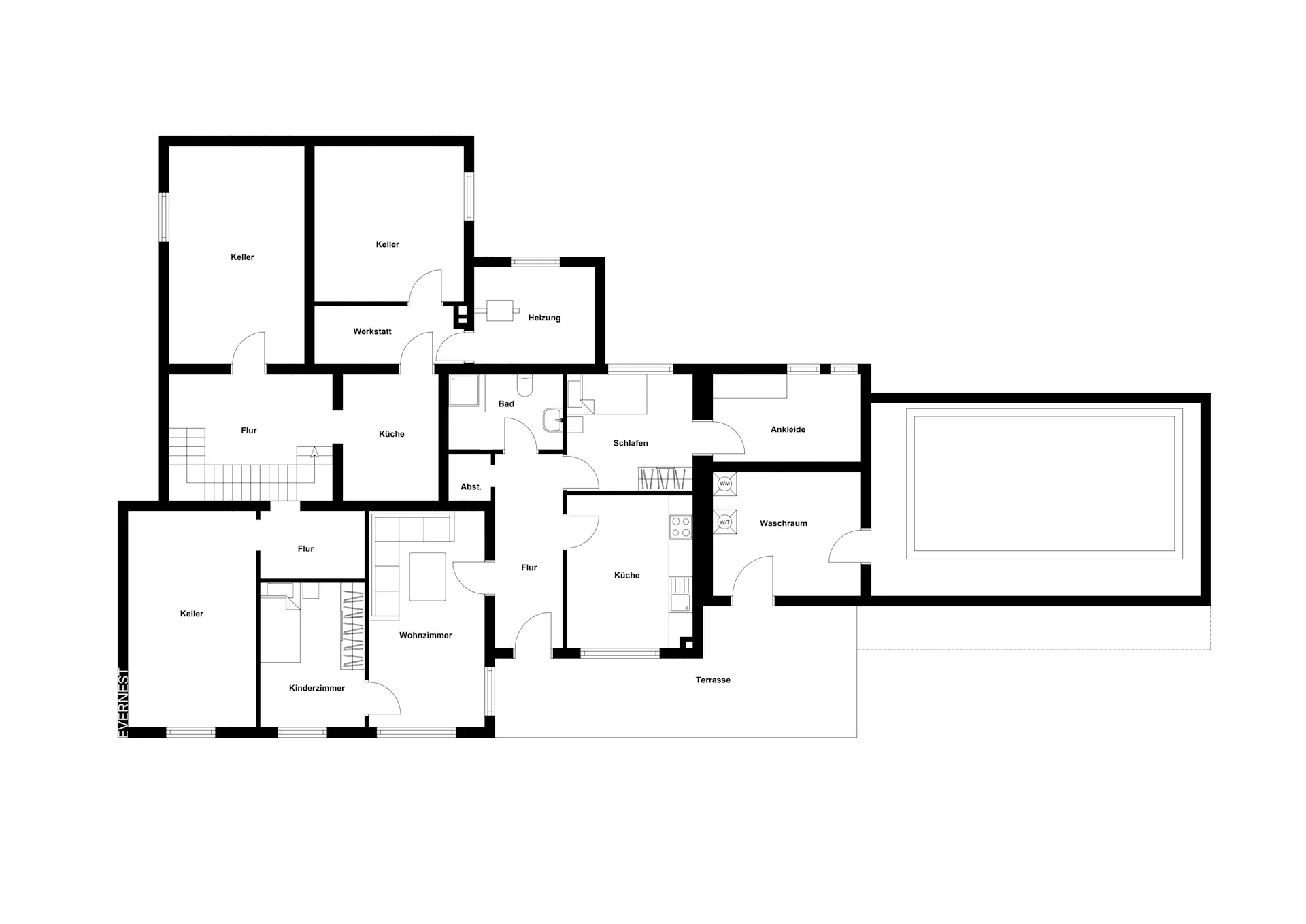 Grundriss eines Wohnhauses mit mehreren Zimmern, Terrasse und großem rechteckigem Pool.