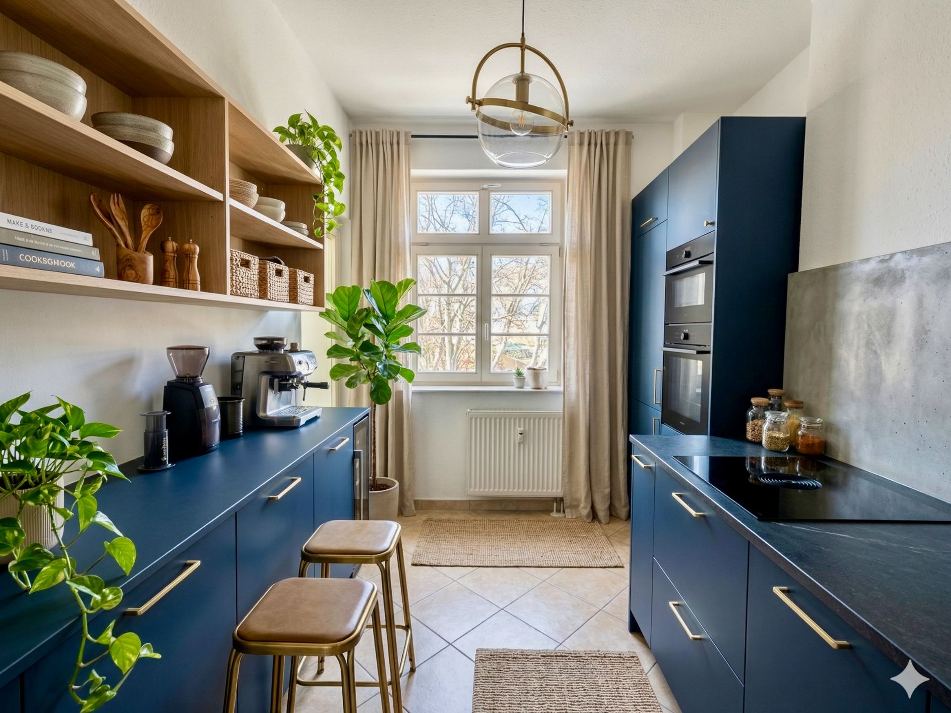 Moderne Küche mit blauen Schränken, Pflanzen, offenem Regal und großem Fenster mit Vorhängen.