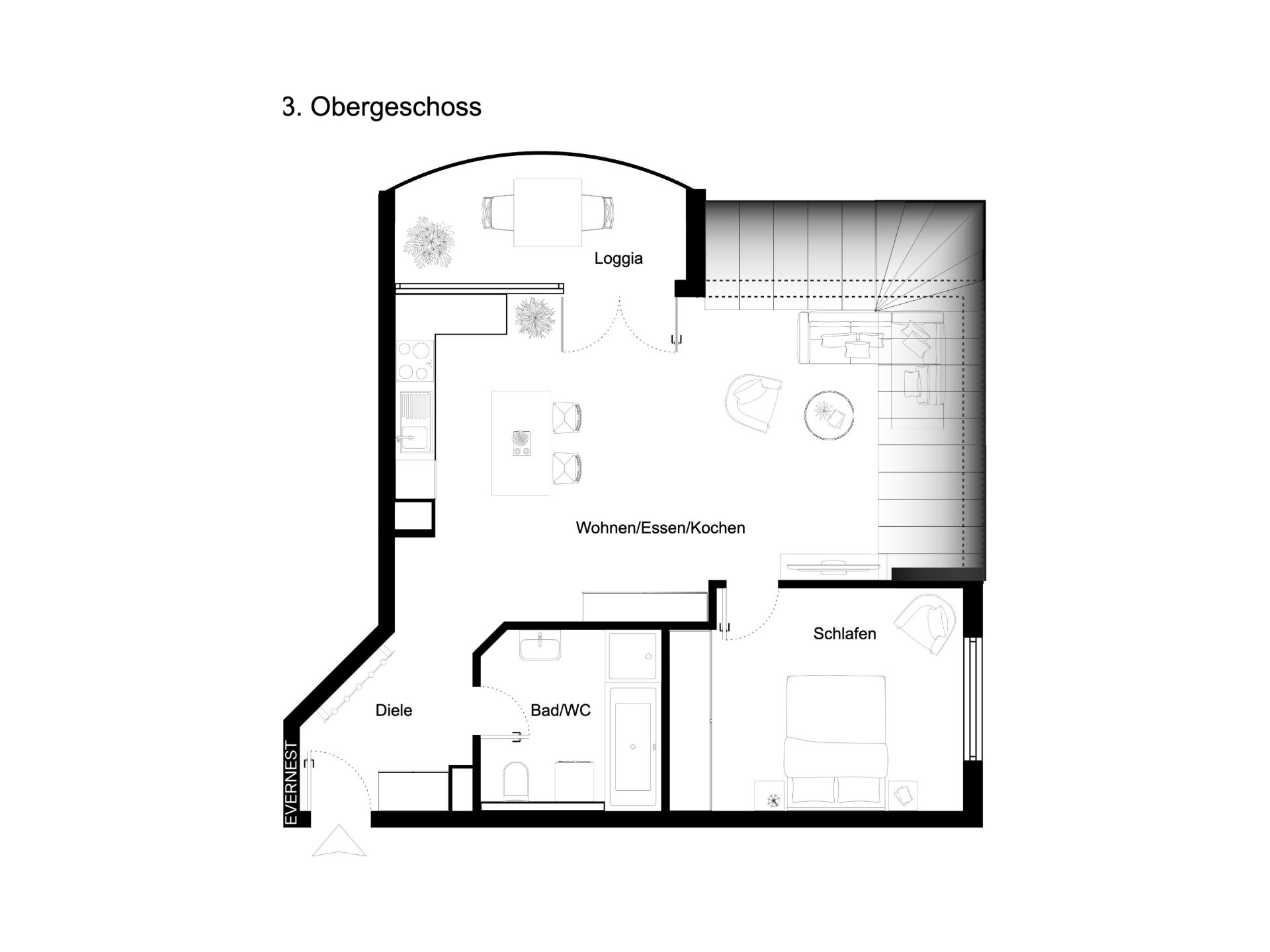 Wohnungsgrundriss mit Schlafzimmer, Bad, Diele, Wohnbereich und Loggia im dritten Obergeschoss.