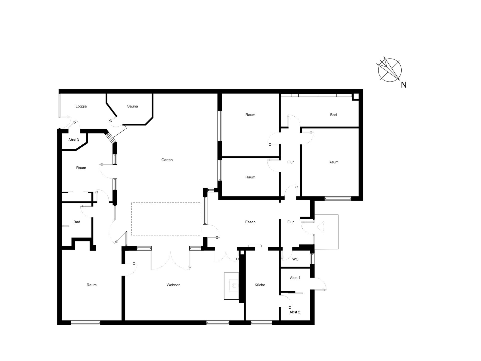 Grundriss einer Wohnung mit mehreren Zimmern, Garten und Sauna.