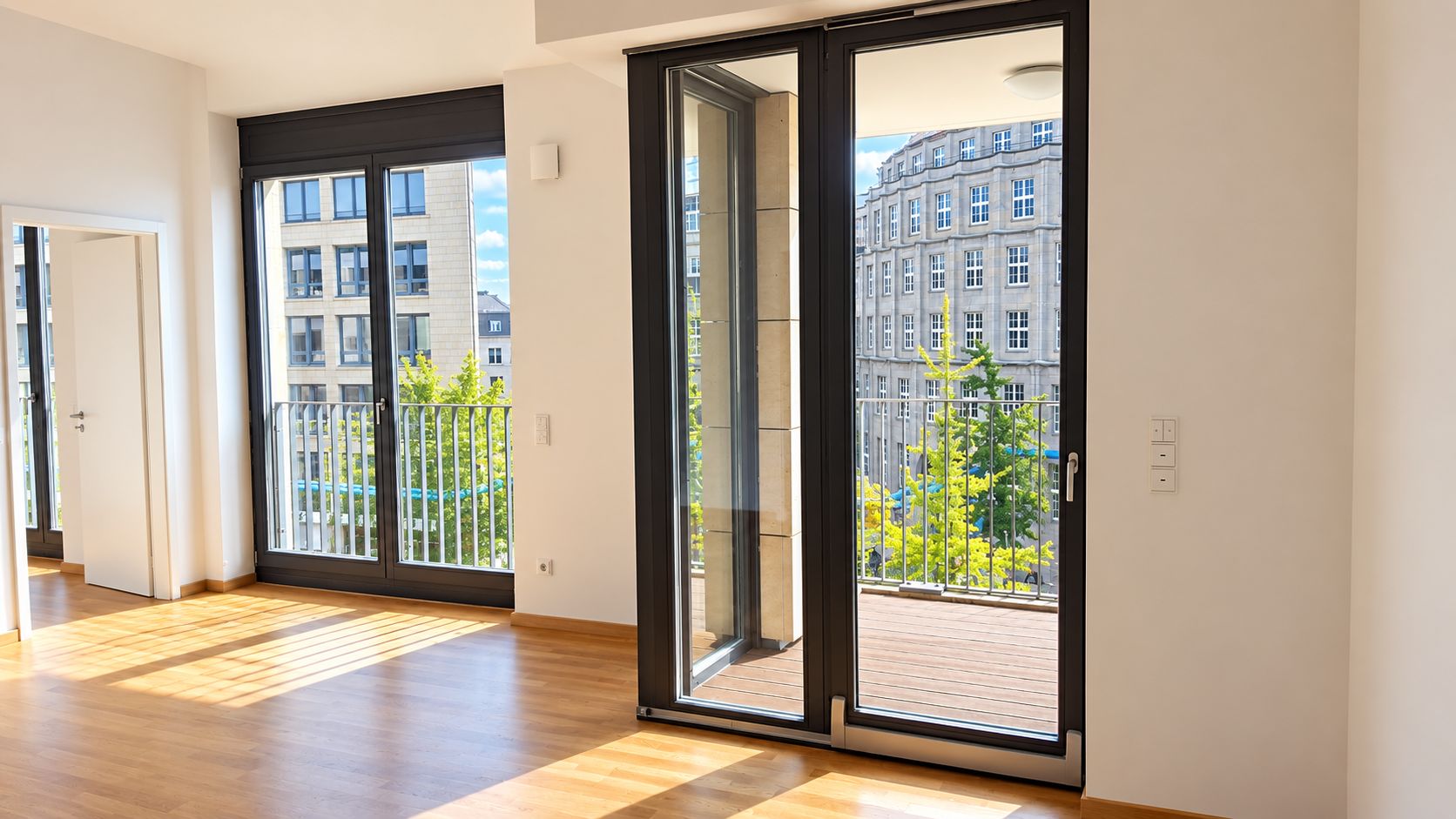 Helles Wohnzimmer mit Parkettboden, großen Fenstern und Zugang zu einem Balkon.