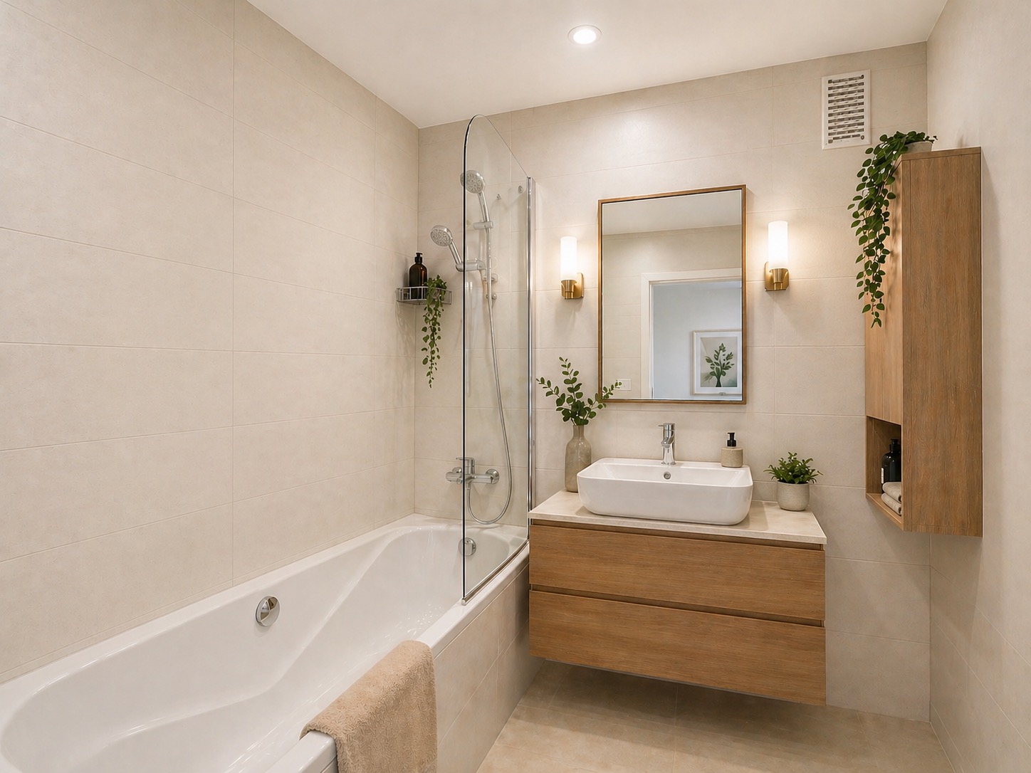 Modernes Badezimmer mit Badewanne, Waschbecken, Spiegel und Pflanzen.