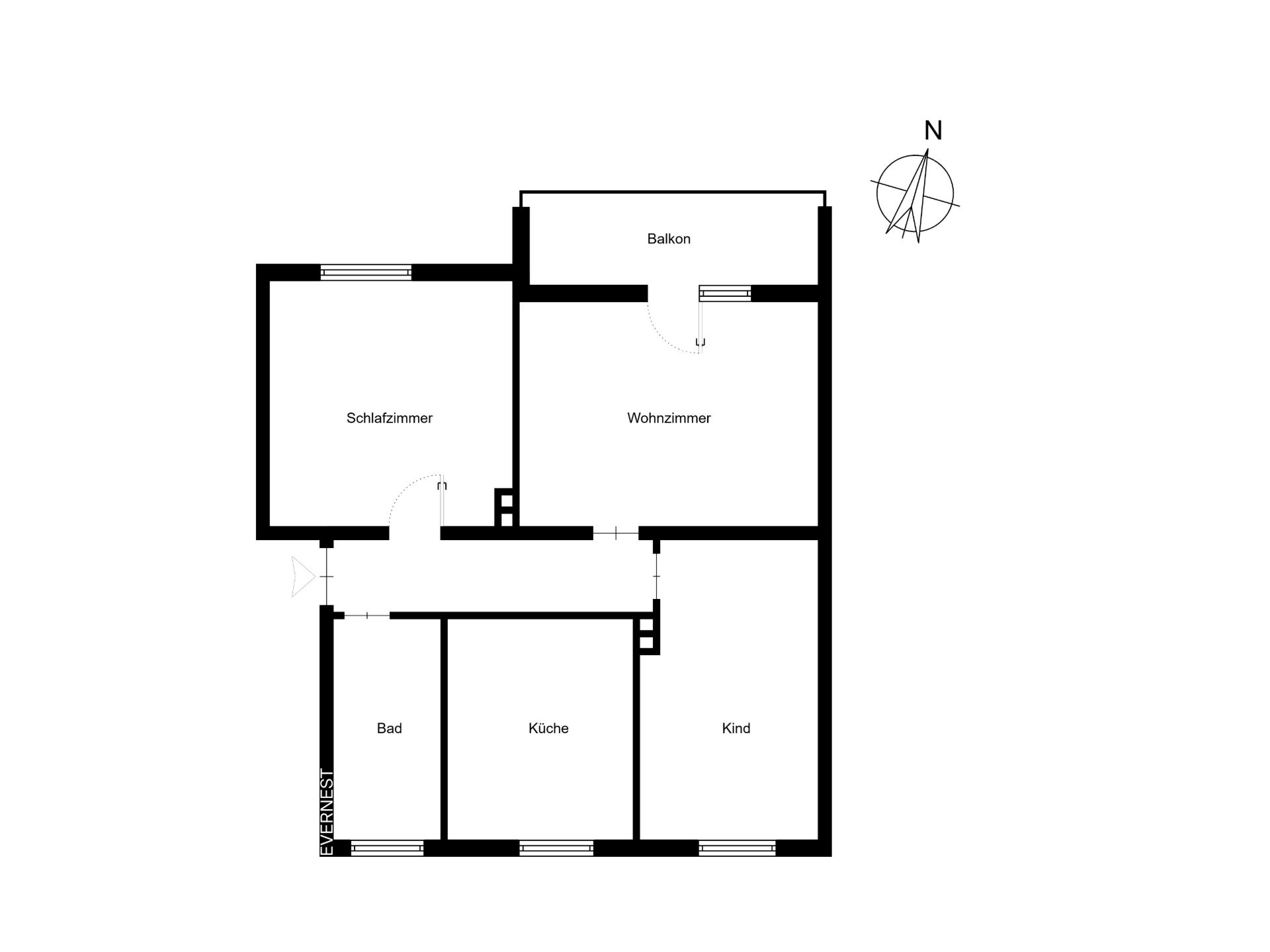 Grundriss einer Wohnung mit Schlafzimmer, Wohnzimmer, Bad, Küche, Kinderzimmer und Balkon.