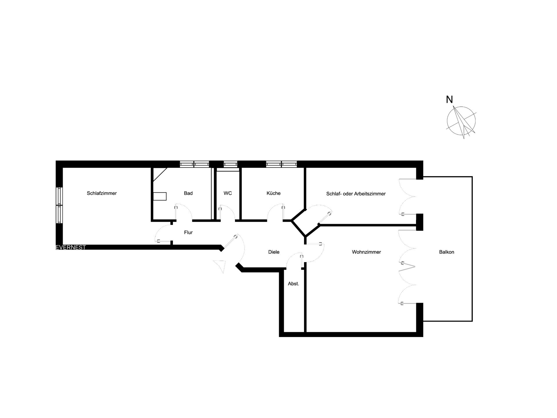 Grundriss einer Wohnung mit Schlafzimmer, Bad, WC, Küche, Wohnzimmer, Balkon und weiteren Räumen.