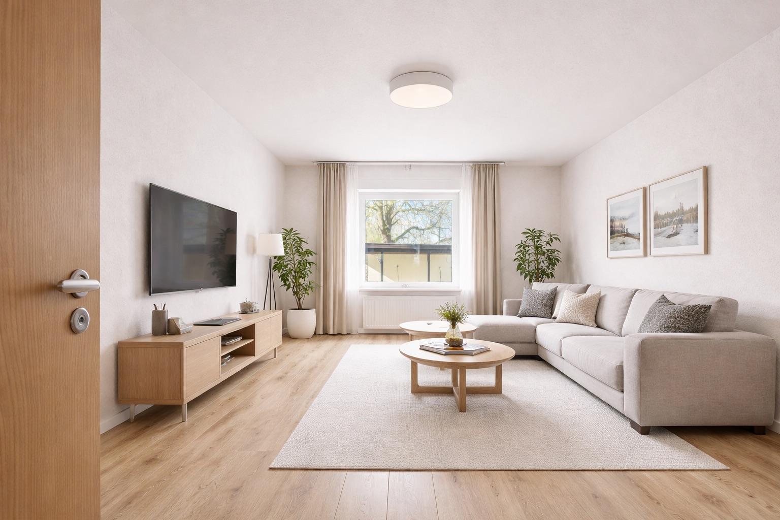Helles Wohnzimmer mit Sofa, Fernseher, Couchtisch, Teppich und Pflanzen.