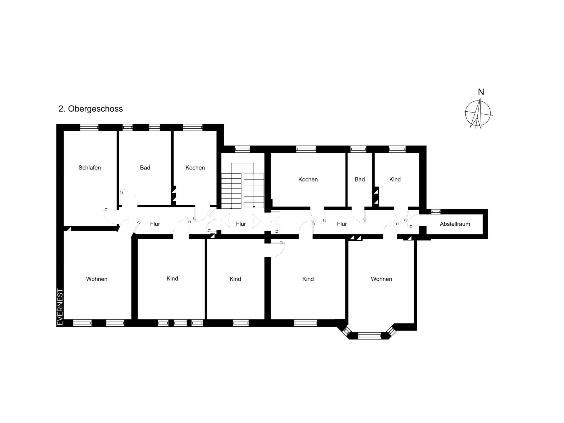 Grundriss des zweiten Obergeschosses mit Schlafzimmern, Bädern, Küchen, Wohn- und Kinderzimmern.