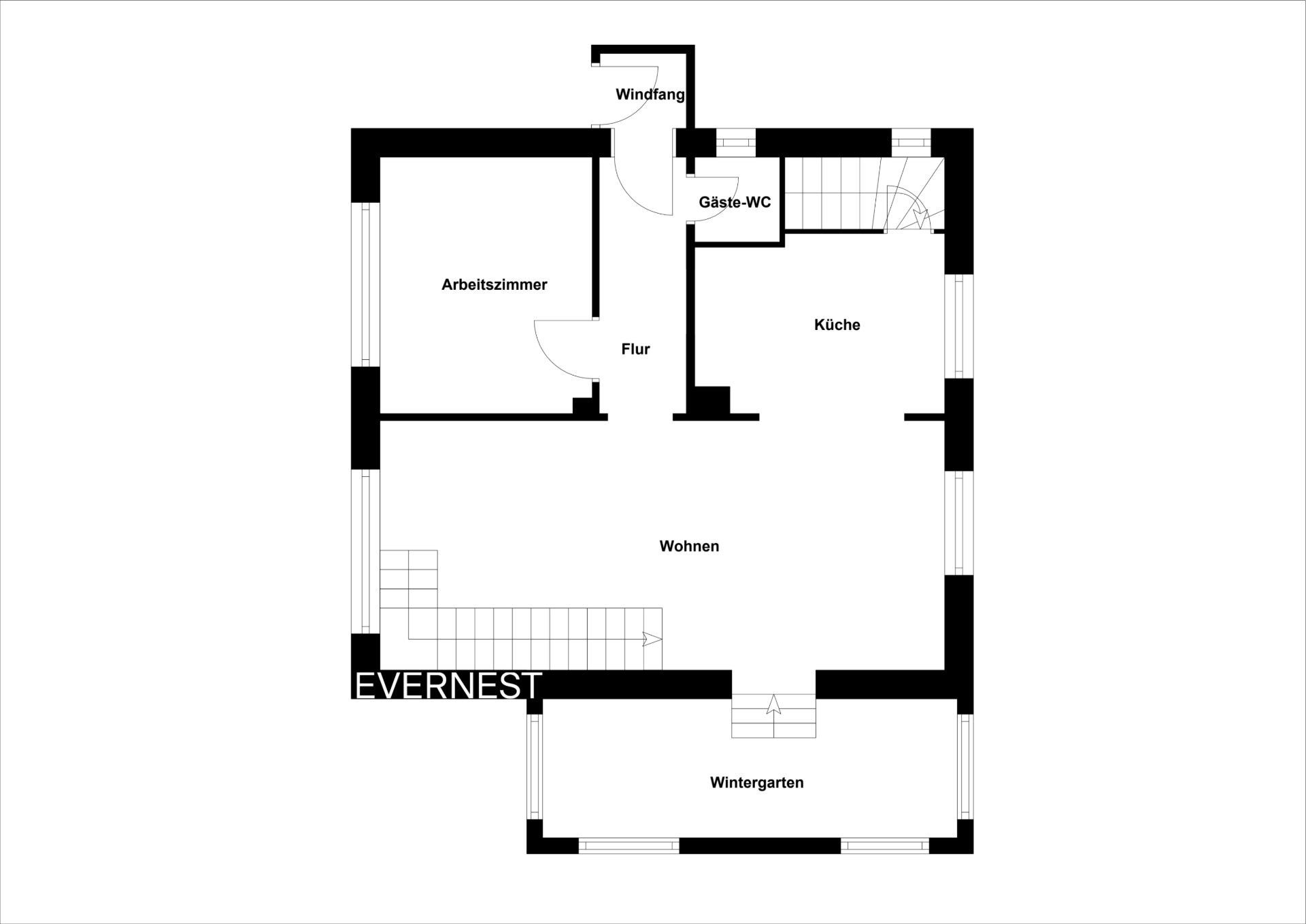 Grundriss mit Arbeitszimmer, Flur, Gäste-WC, Küche, Wohnen und Wintergarten.