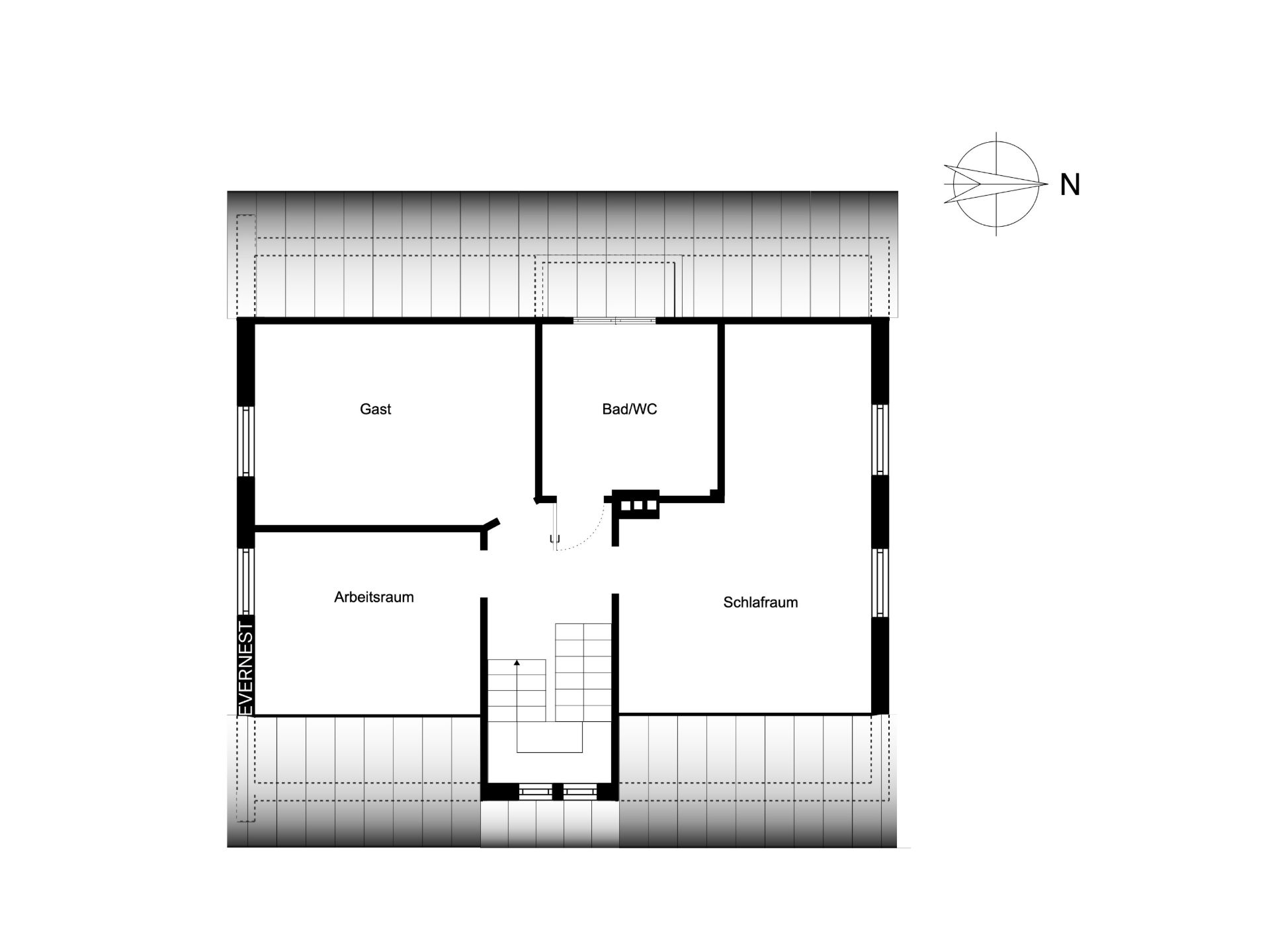 Grundriss eines Obergeschosses mit Arbeitsraum, Gästezimmer, Bad/WC und Schlafraum.