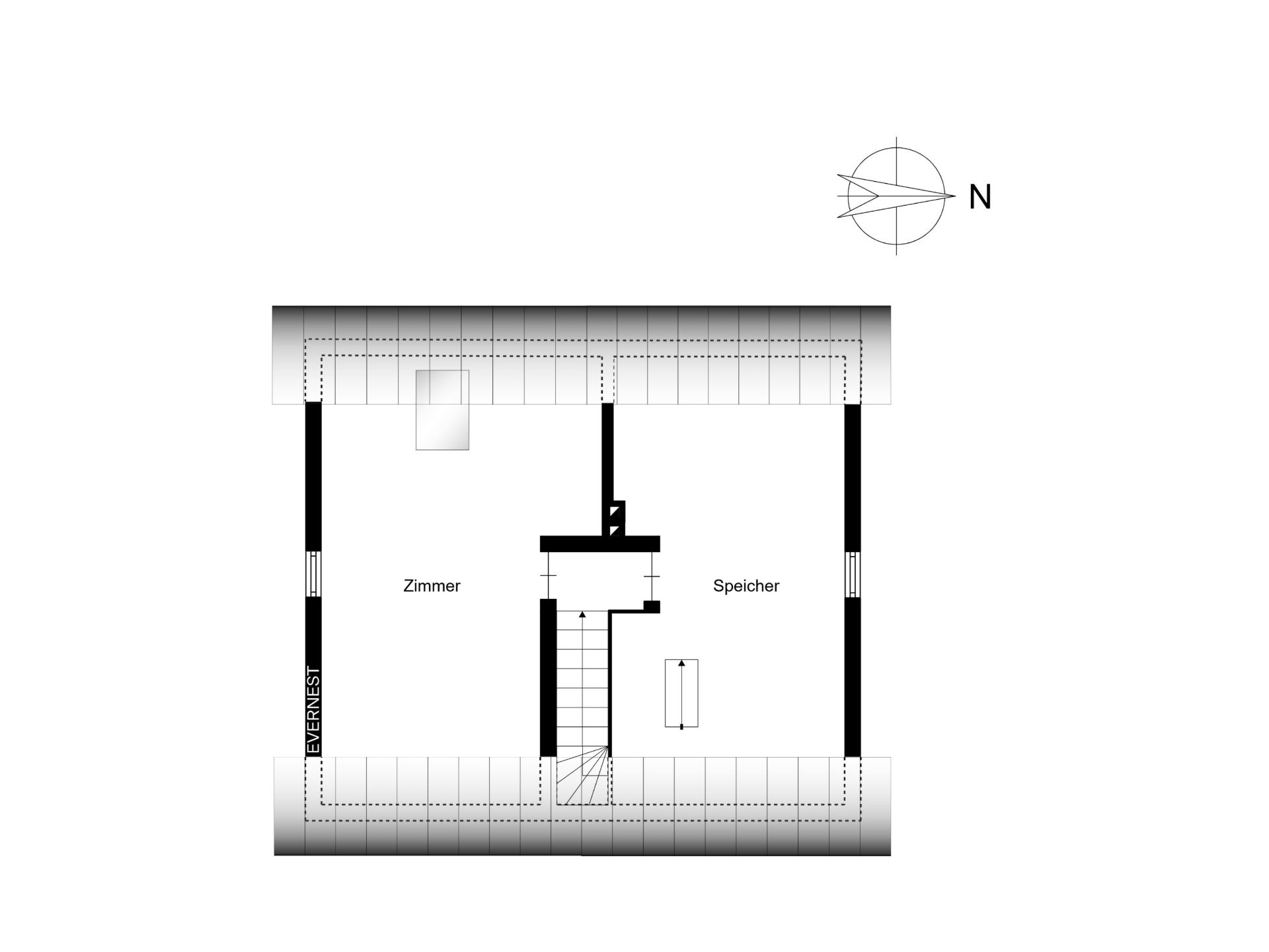 Grundriss eines Dachgeschosses mit Zimmer, Speicher und Treppe, Nordpfeil oben rechts.