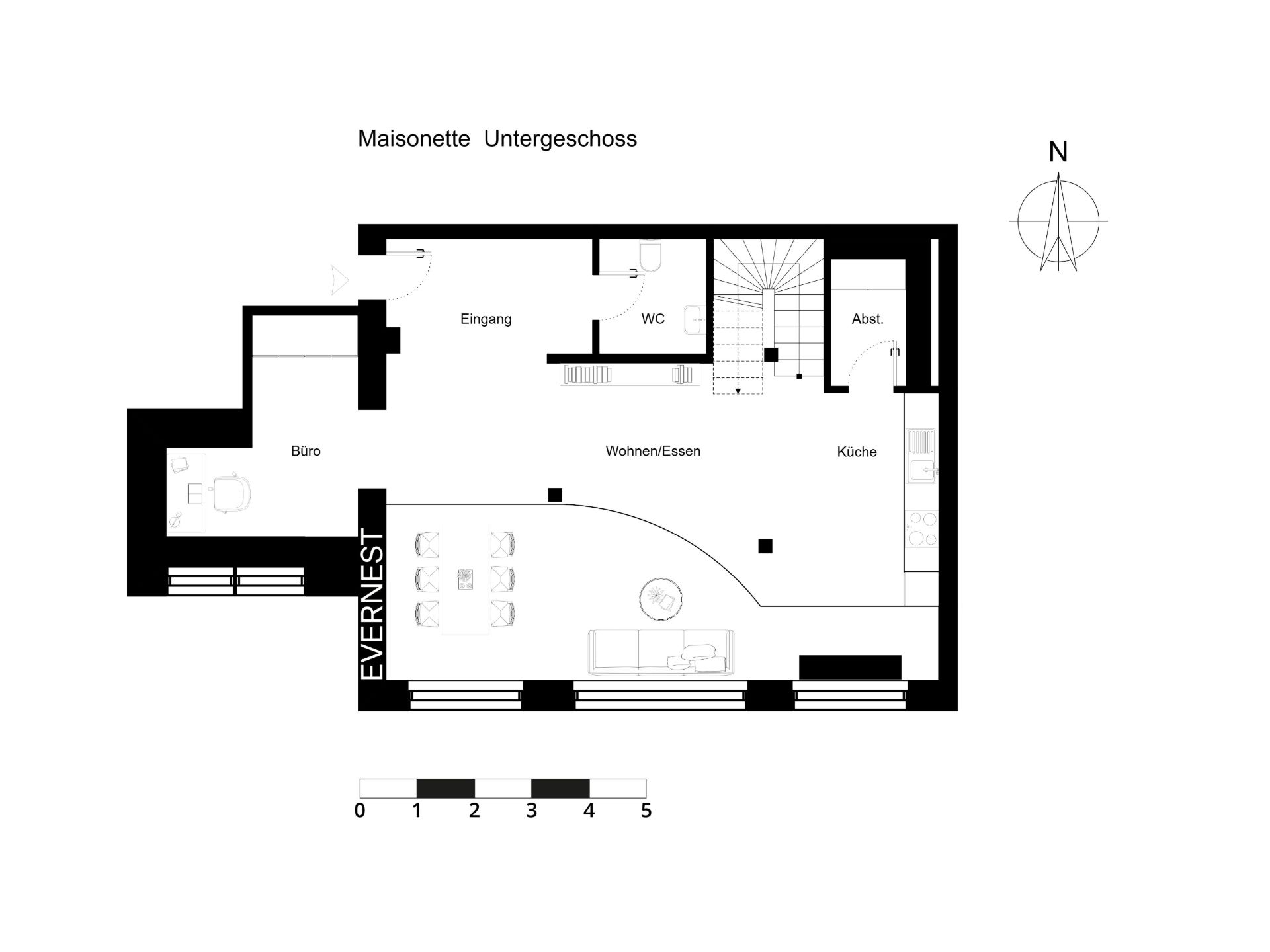 Grundriss eines Untergeschosses mit Büro, Wohn-/Essbereich, Küche, WC und Eingang.