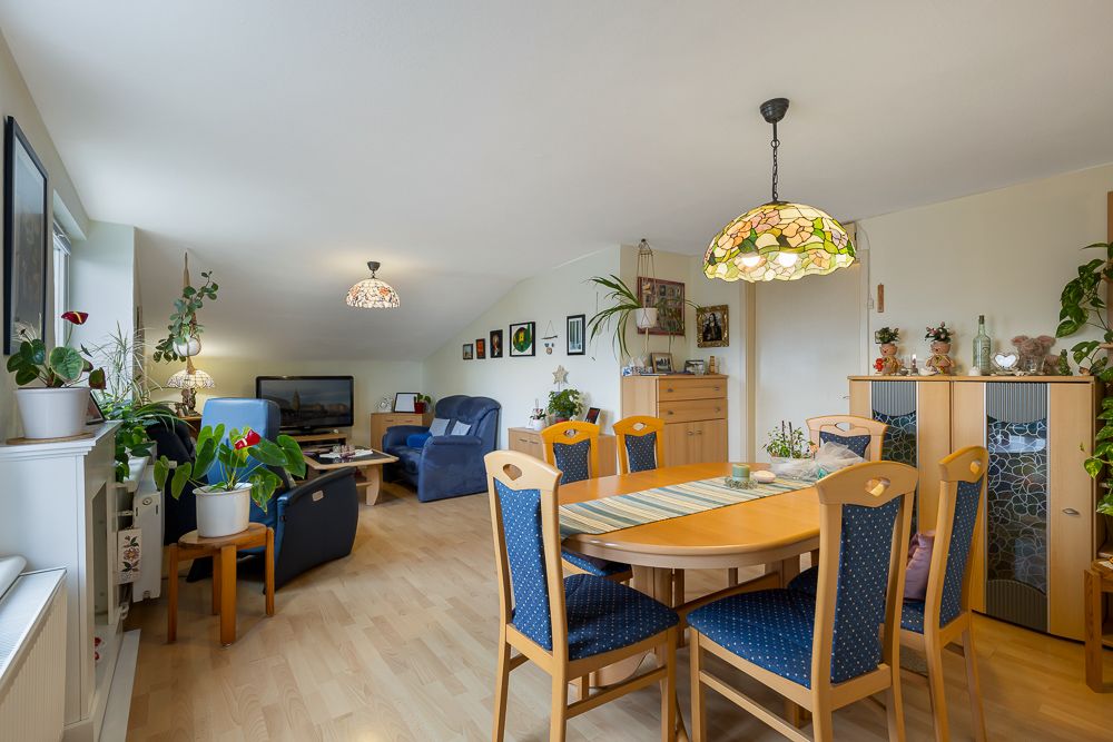 Wohnzimmer mit Esstisch, blauen Stühlen, Sofa, Pflanzen und hellem Holzfußboden.