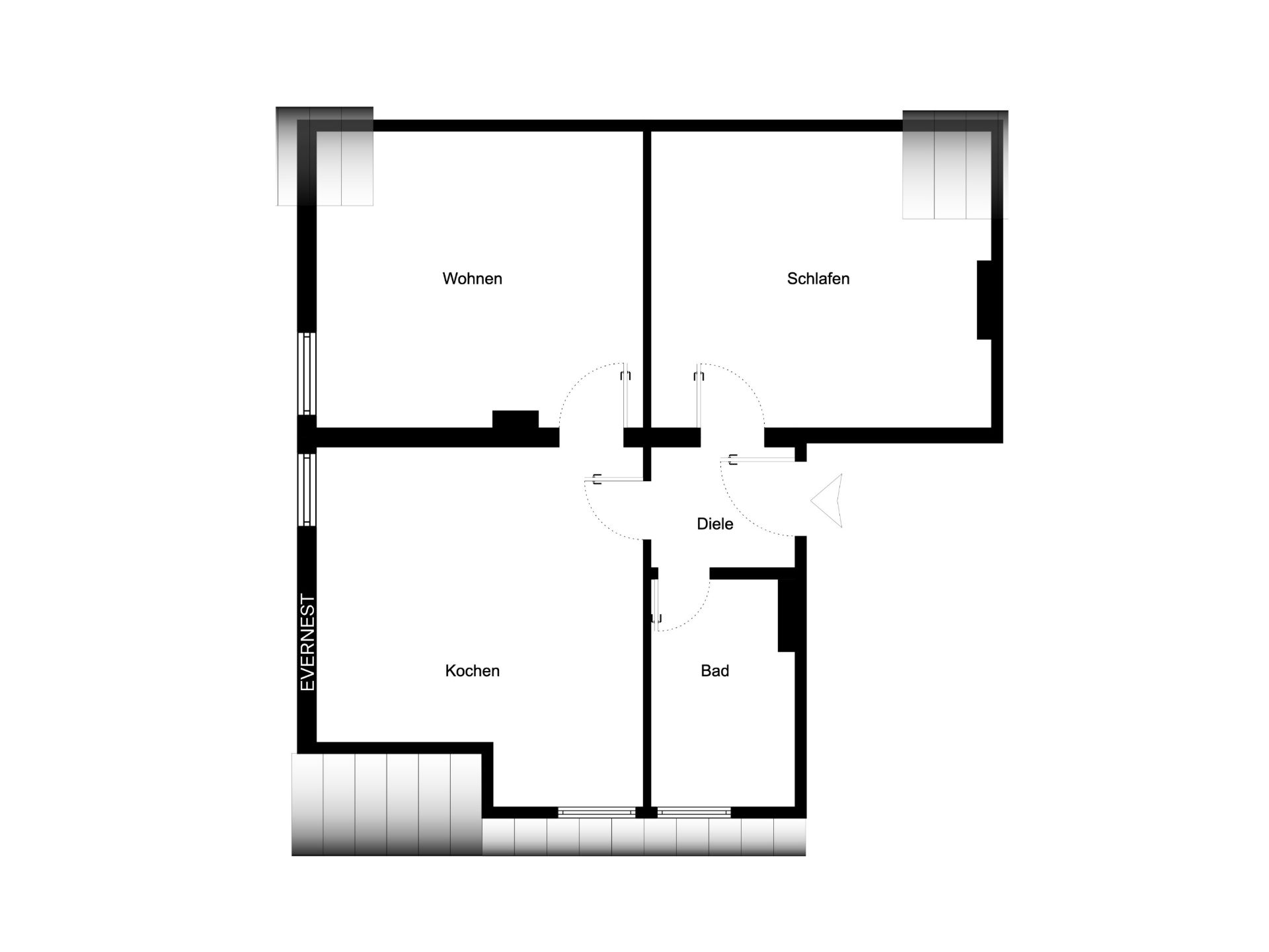 Grundriss mit Wohn-, Schlaf-, Koch-, Bad- und Dielenbereich.
