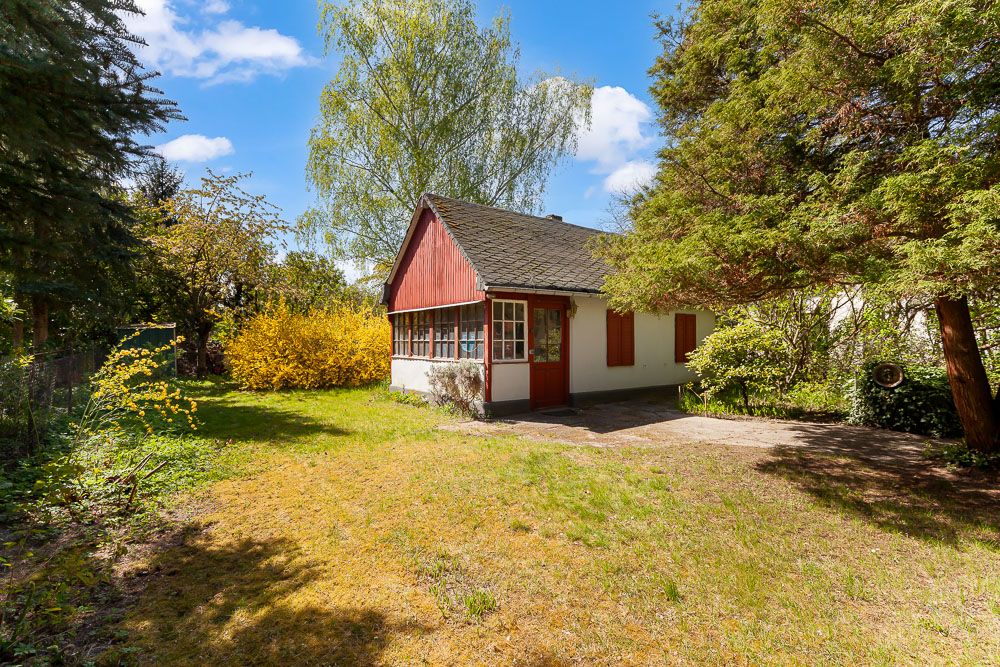 Kleines Haus mit Garten, vielen Bäumen und Sträuchern an einem sonnigen Tag.