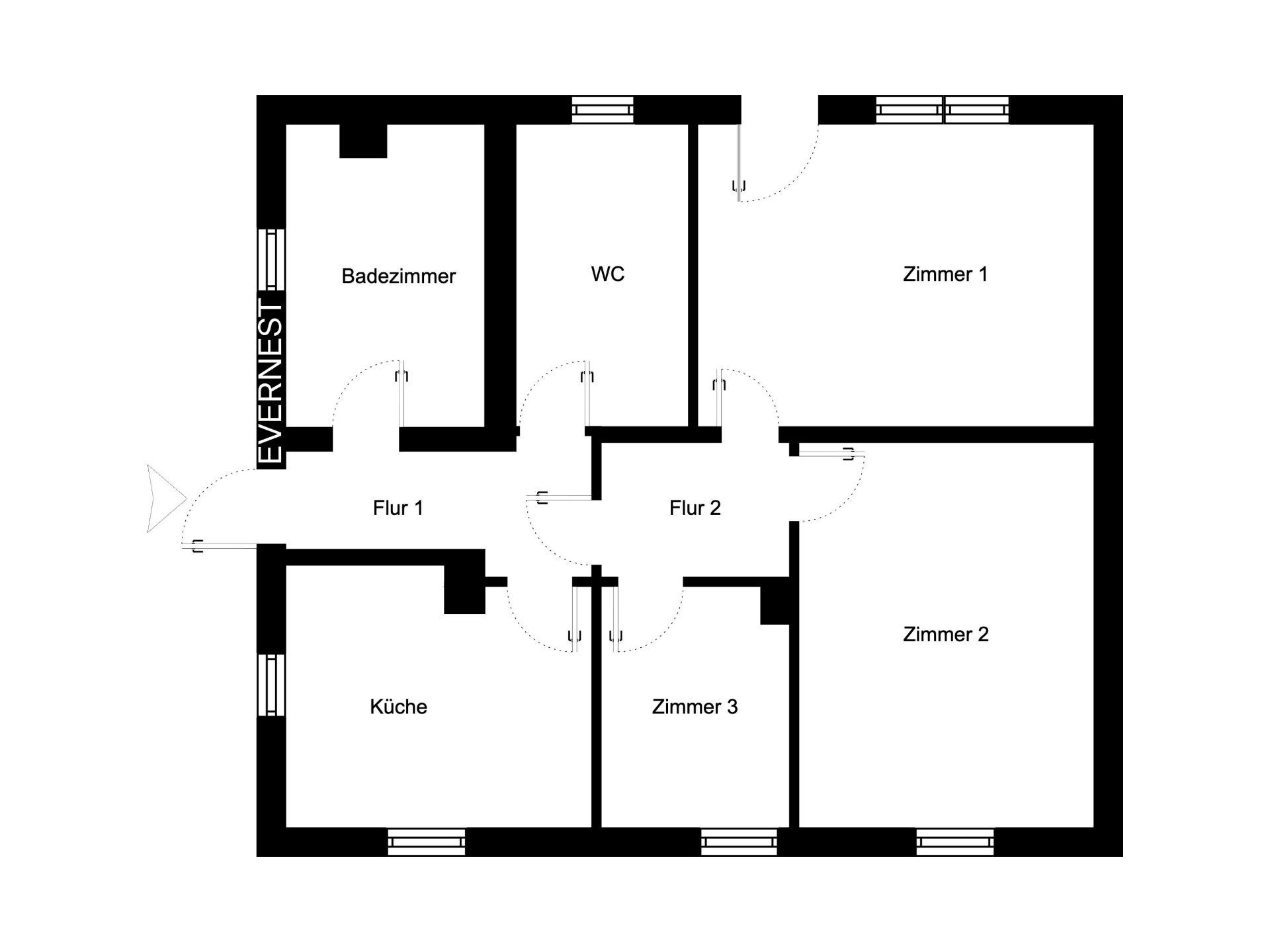 Grundriss mit drei Zimmern, Küche, Bad, WC und zwei Fluren.