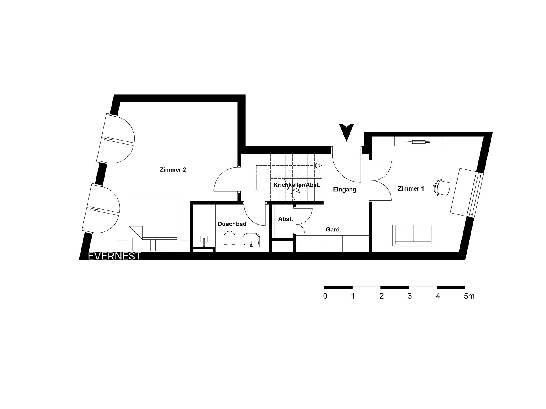 Grundriss einer Wohnung mit zwei Zimmern, Bad, Garderobe und Abstellräumen.