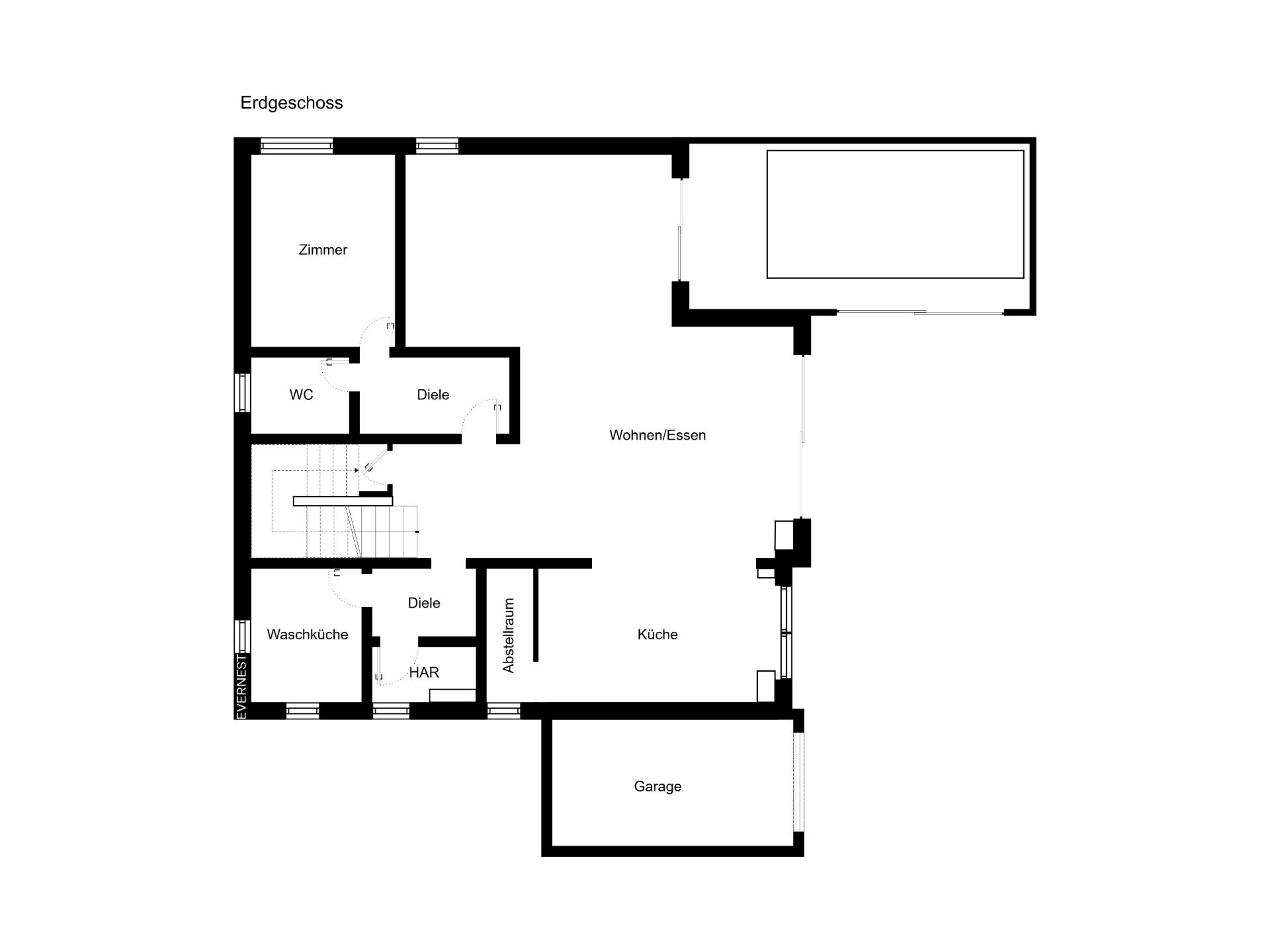Grundriss des Erdgeschosses mit Zimmer, Wohnzimmer, Küche, WC, Waschküche und Garage.