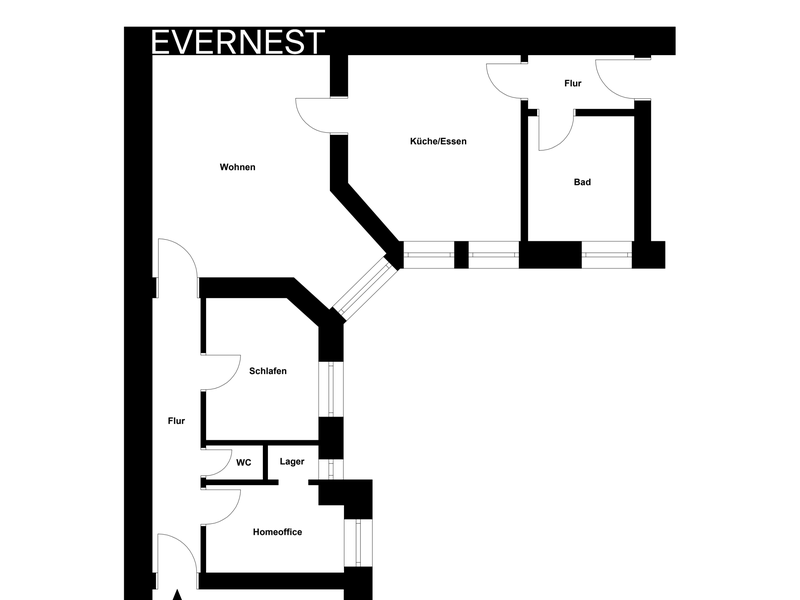 Grundriss einer Wohnung mit Zimmern für Wohnen, Schlafen, Homeoffice, Küche/Essbereich, Bad und WC.