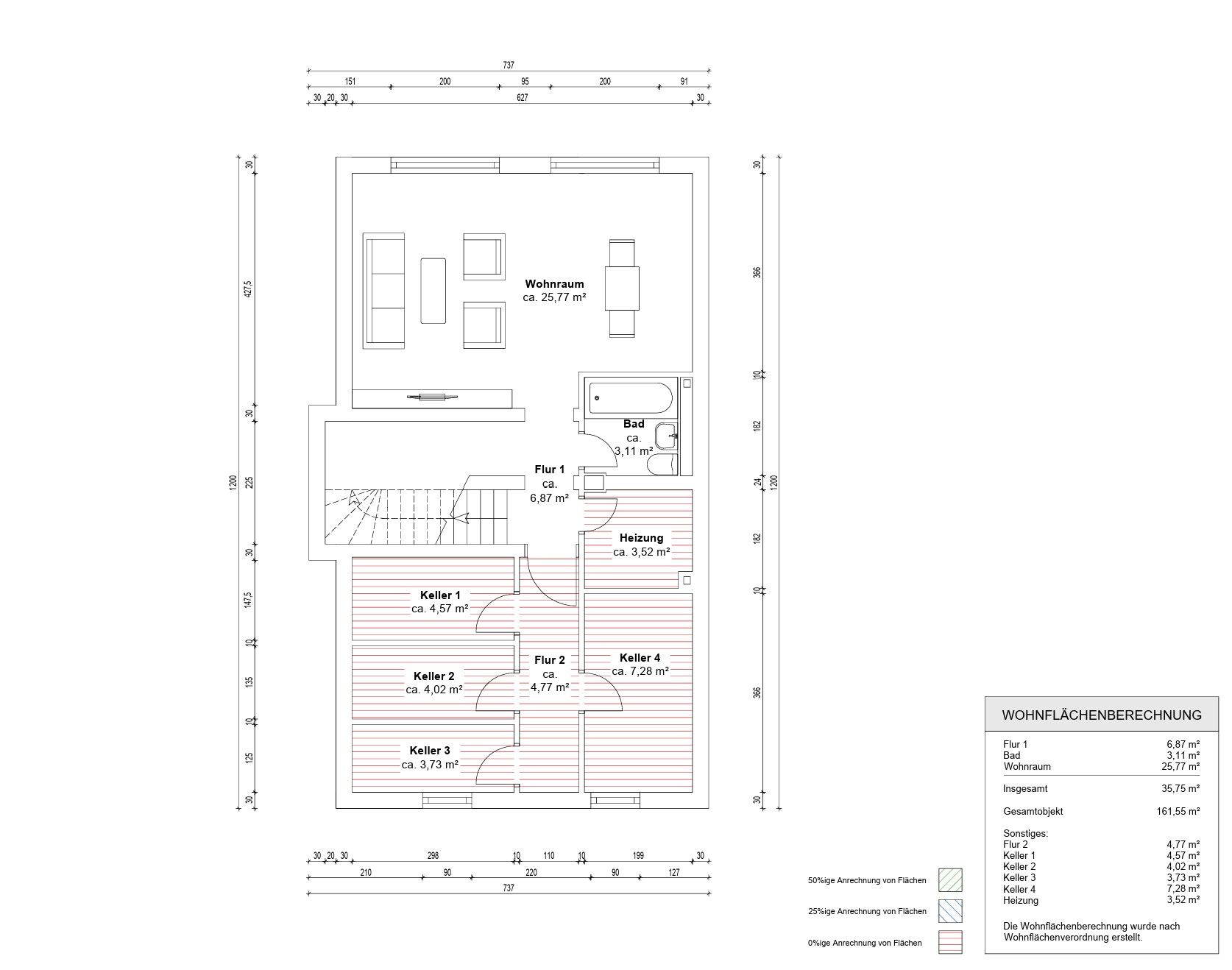 Grundriss eines Wohnbereichs mit Wohnzimmer, Bad, Heizung und mehreren Kellerräumen.