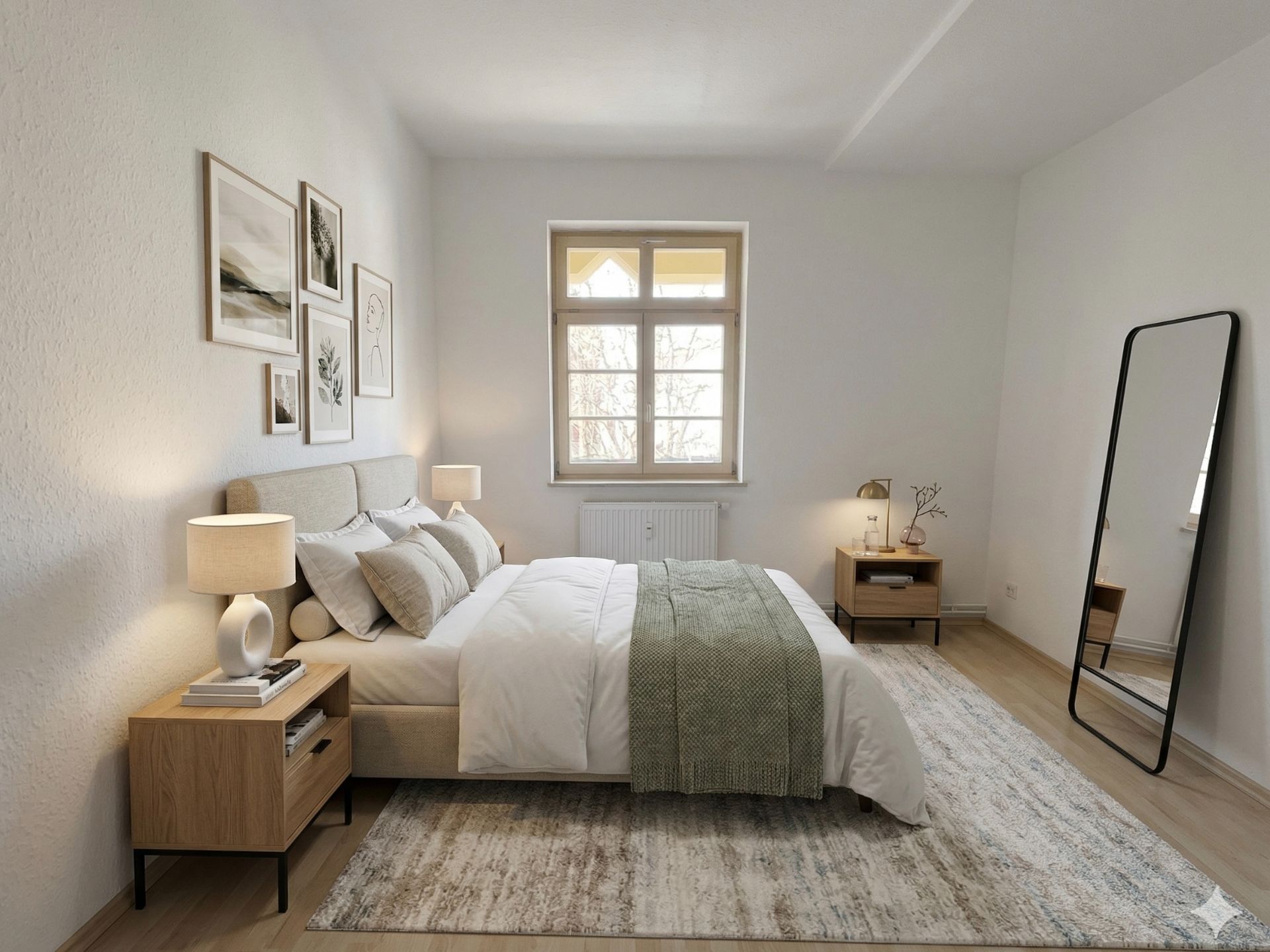 Helles Schlafzimmer mit Doppelbett, Nachttischen, großem Spiegel und Fenster.