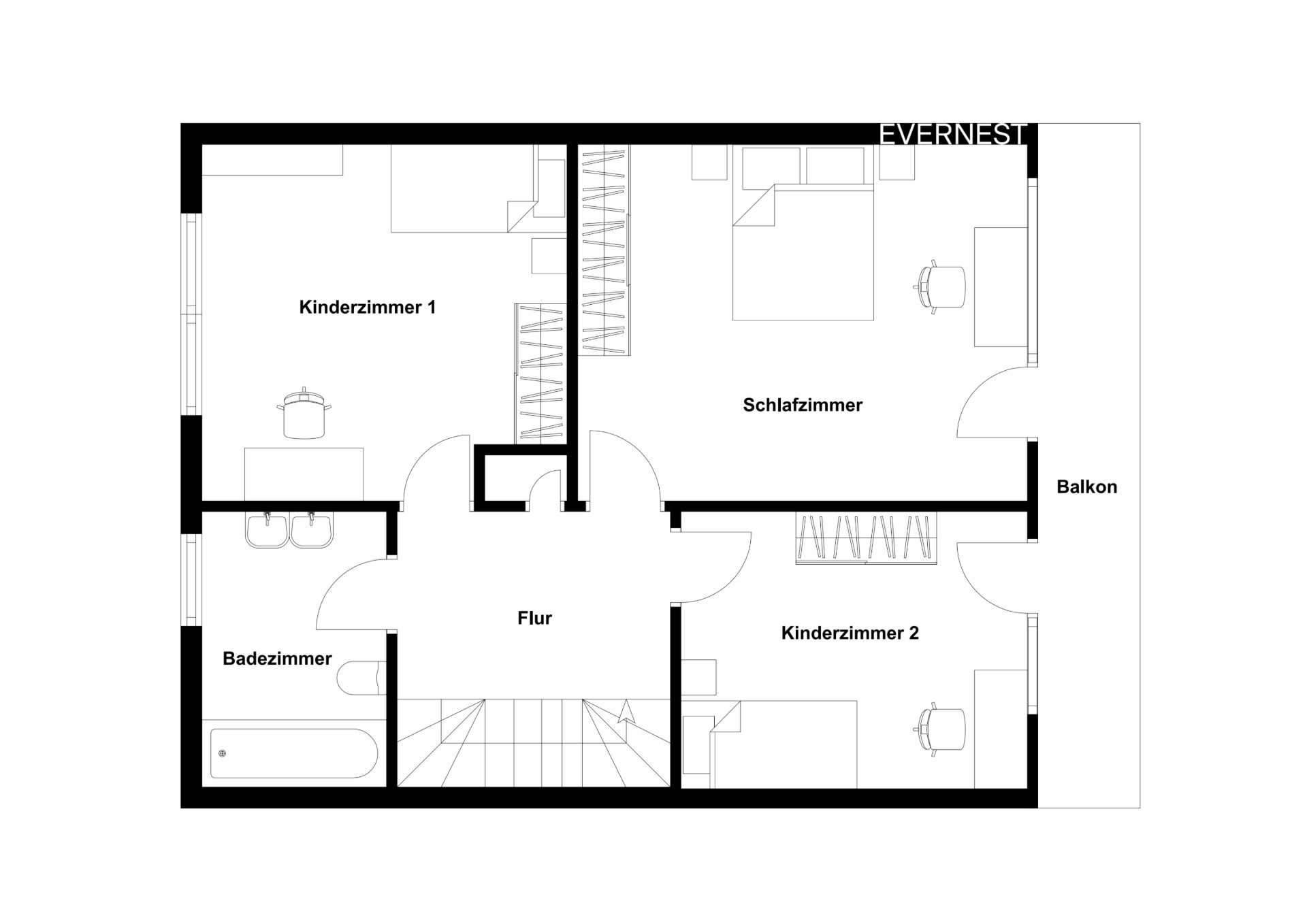 Grundriss mit Flur, Badezimmer, Schlafzimmer, zwei Kinderzimmern und Balkon.