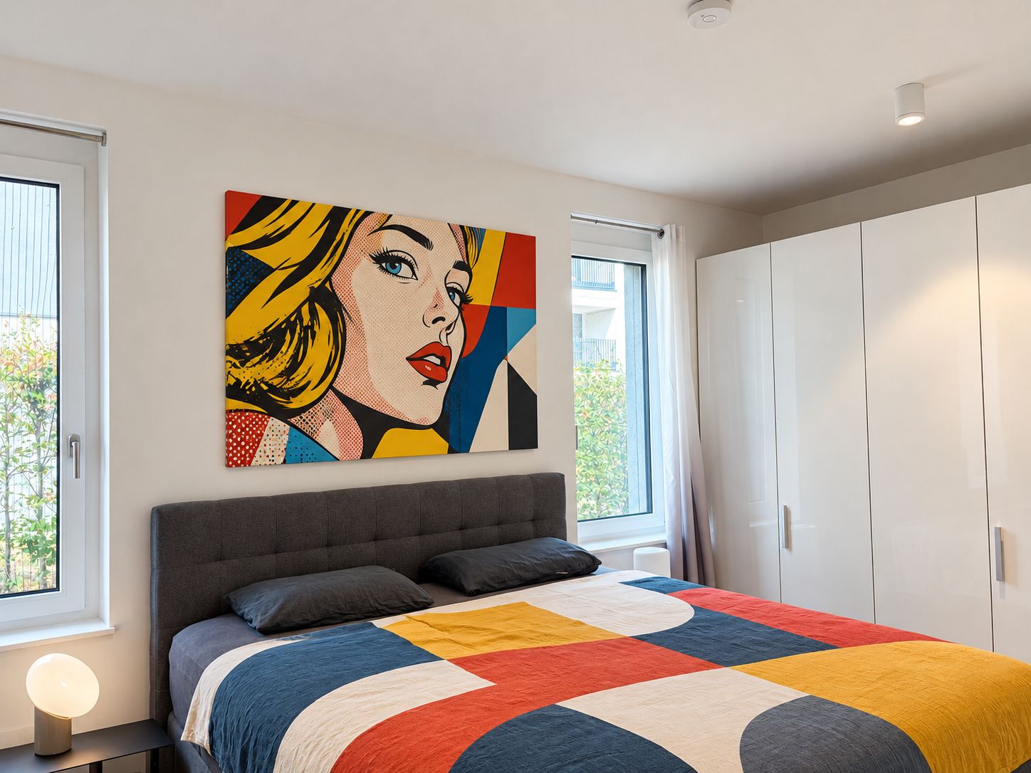 Modernes Schlafzimmer mit buntem Gemälde, großem Bett, weißen Schränken und zwei Fenstern.