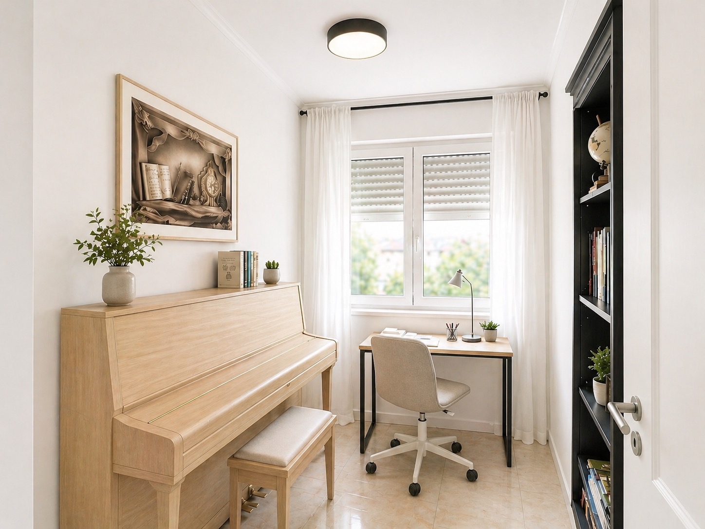 Heller Raum mit Klavier, Schreibtisch, Stuhl, Bücherregal und großem Fenster mit weißen Vorhängen.