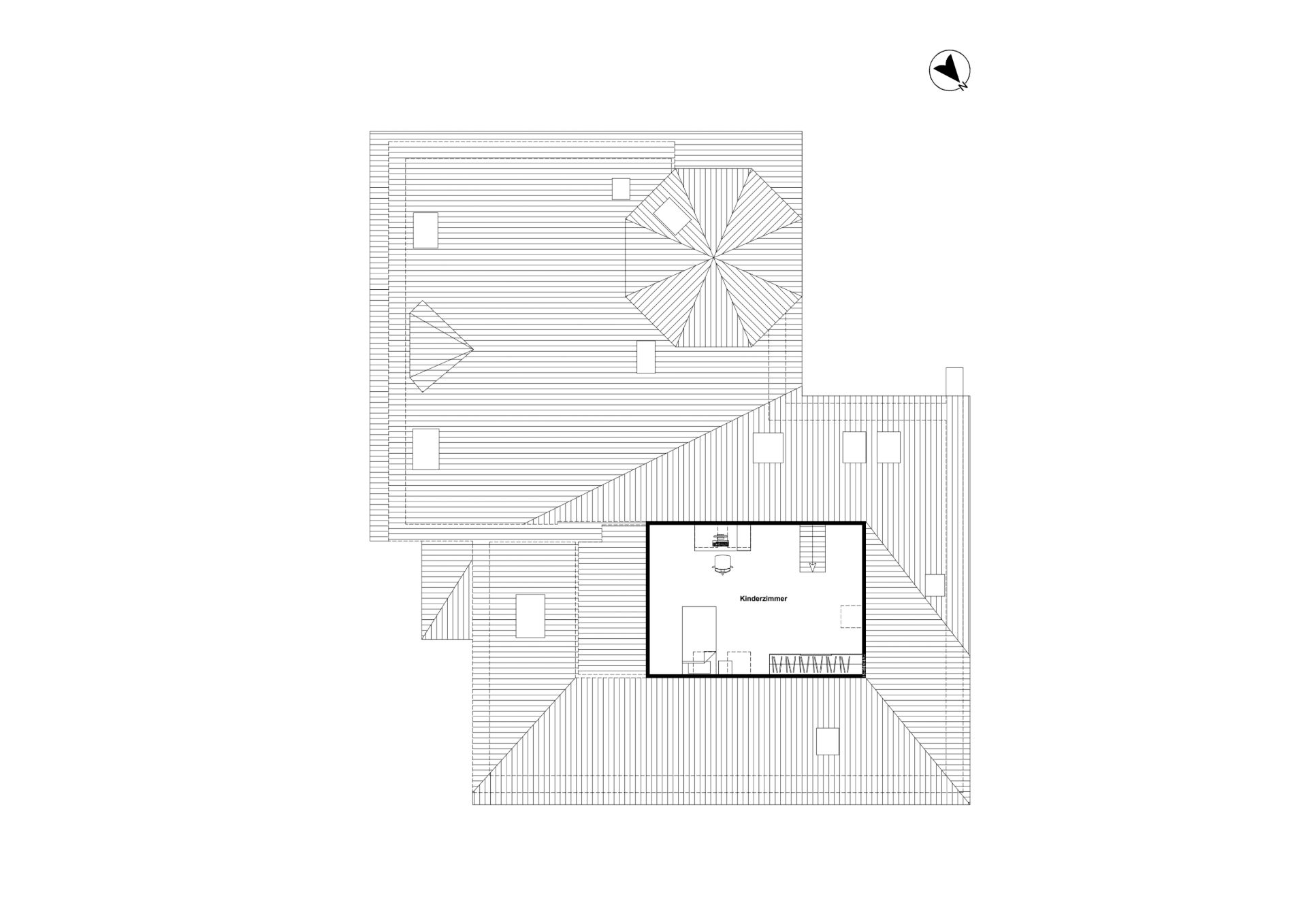 Grundriss eines Hauses mit markiertem Dachgeschoss und sichtbarem Zimmer.