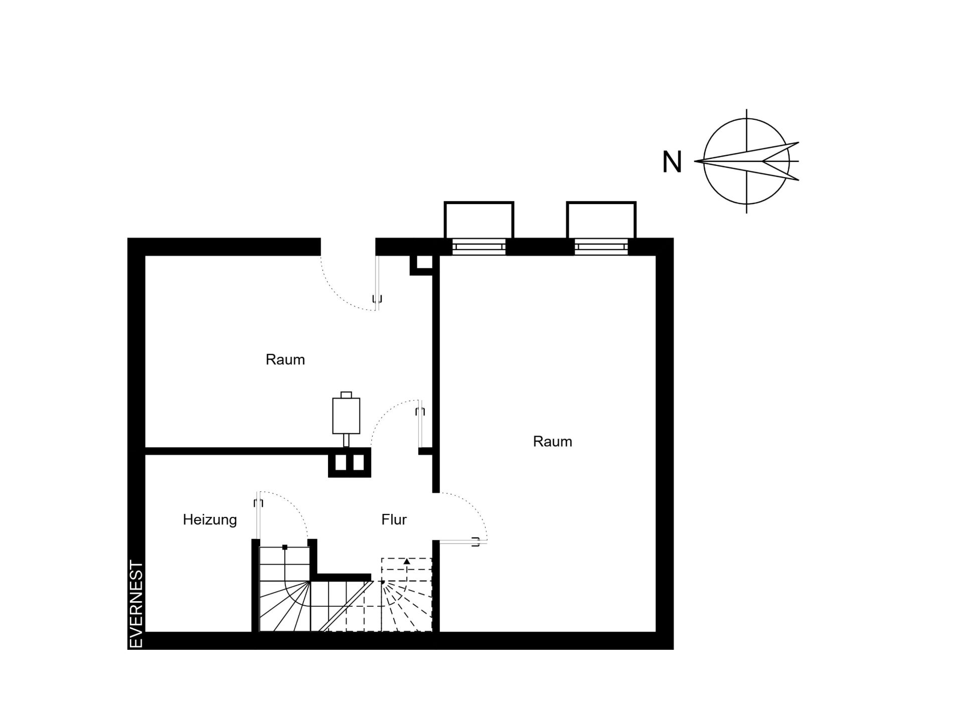 Grundriss mit Flur, zwei Räumen, Heizungsraum und Treppe.