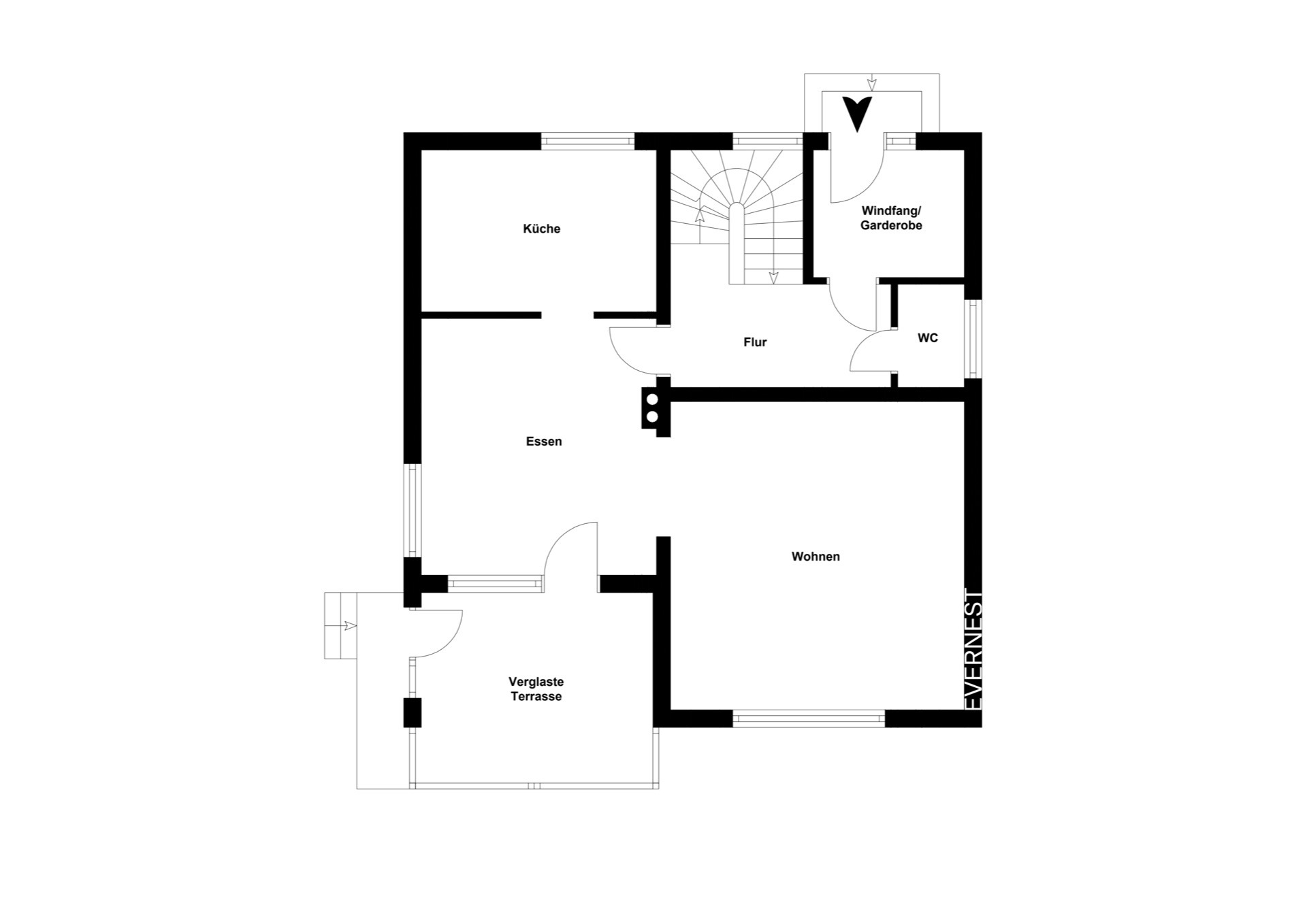 Grundriss mit Küche, Essbereich, Wohnzimmer, WC, Flur und verglaster Terrasse.