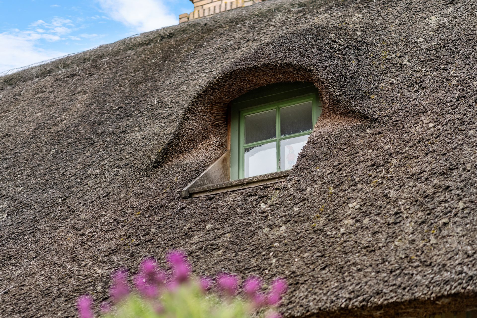 Grünes Fenster in einem Reetdach, darunter einige unscharfe rosa Blüten im Vordergrund.