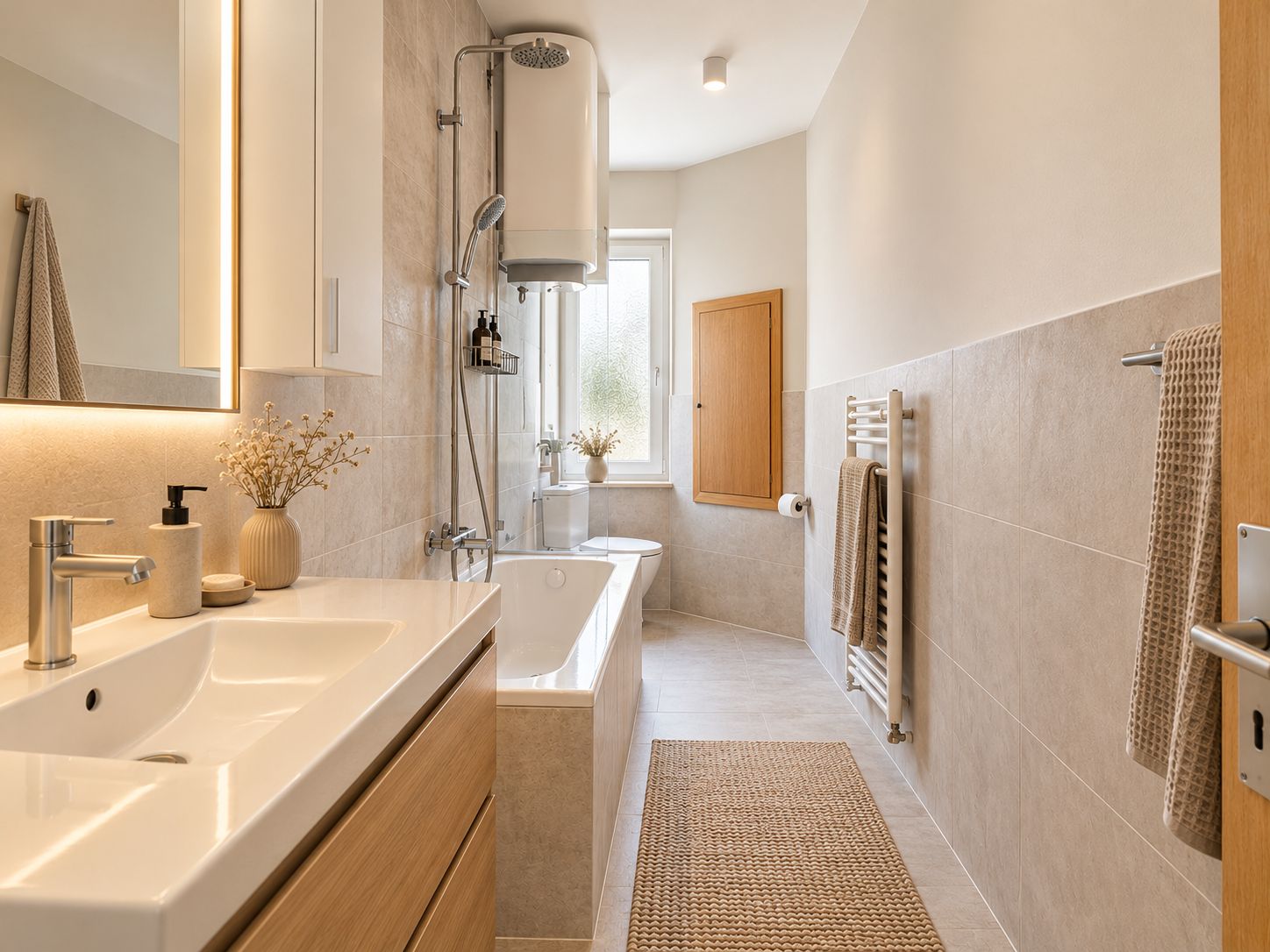 Modernes Badezimmer mit Waschbecken, Badewanne, WC und Handtuchheizkörper.