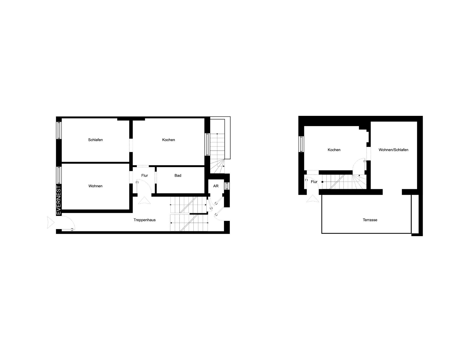 Zwei Grundrisse mit Räumen wie Küche, Bad, Schlafzimmer, Wohnzimmer, Flur und Terrasse sind sichtbar.