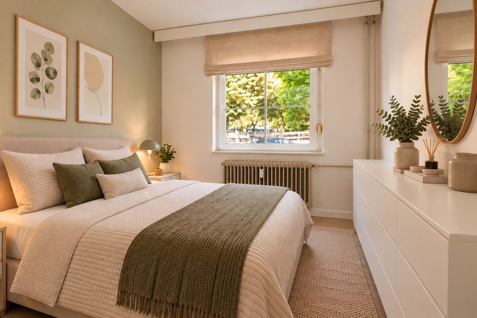 Helles Schlafzimmer mit Doppelbett, Kommode, Fenster und Pflanzen, dekoriert in warmen Farben.
