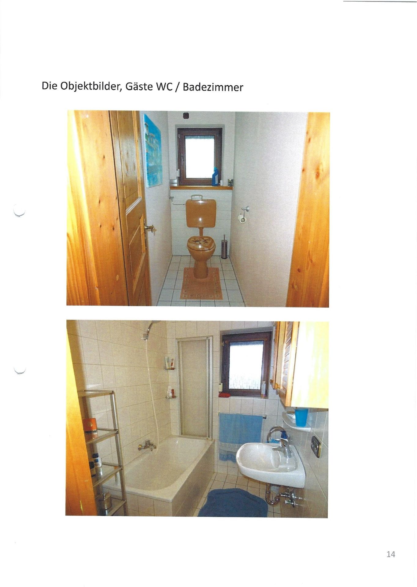 Zwei Fotos zeigen ein Gäste-WC mit brauner Toilette und ein Badezimmer mit Badewanne und Waschbecken.