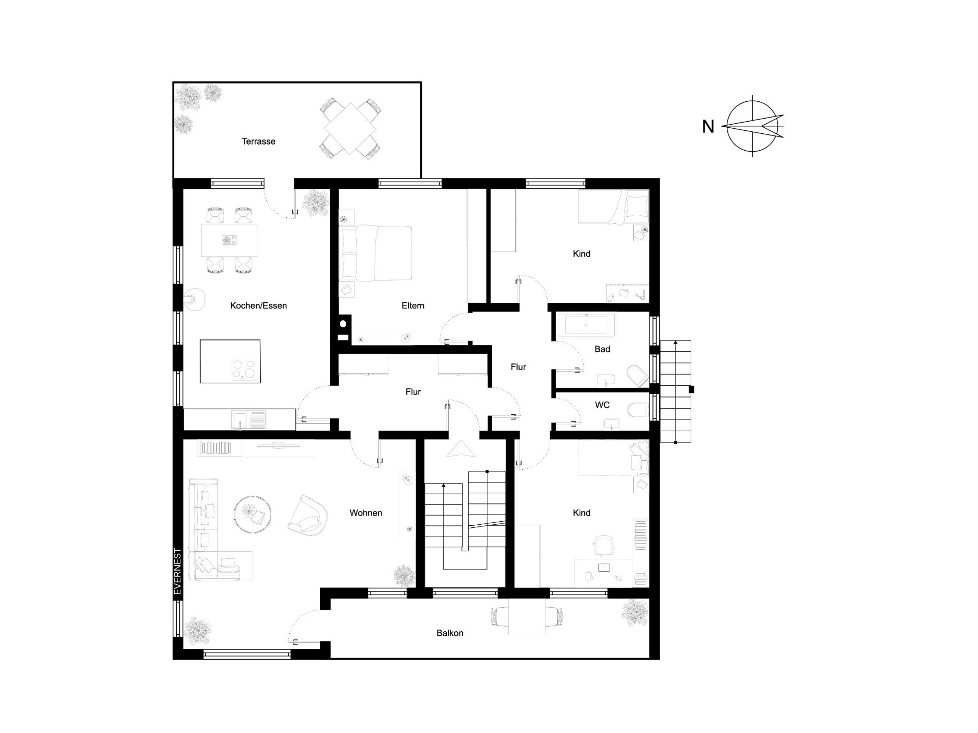 Grundriss einer Wohnung mit drei Schlafzimmern, Wohnzimmer, Küche, Bad, Balkon und Terrasse.
